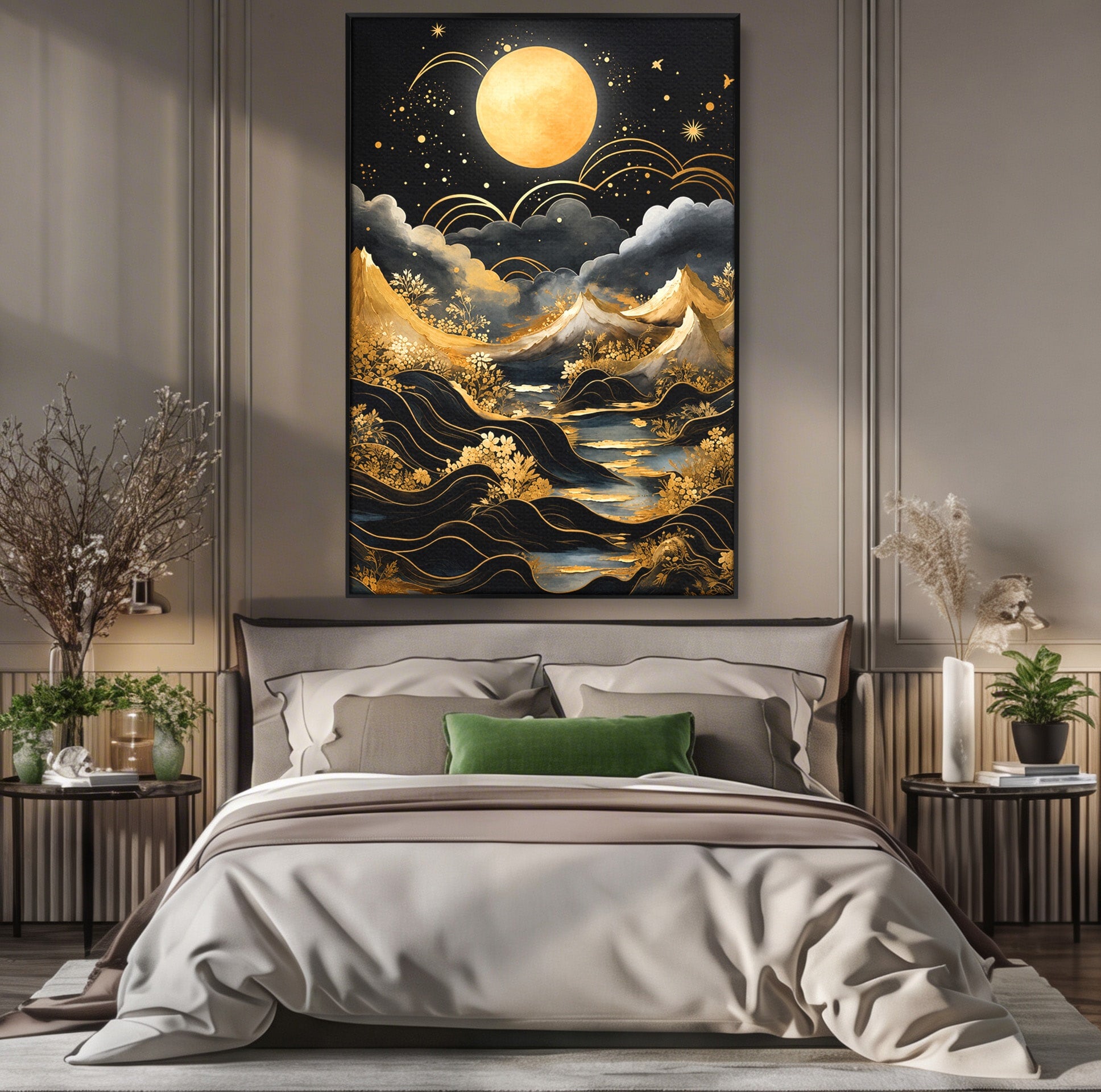 Tablou Canvas Premium LuxCanva® A1736, Luna Deasupra Muntilor, Luna, Munti, Peisaj, Noapte, Dormitor, Culori Vibrante