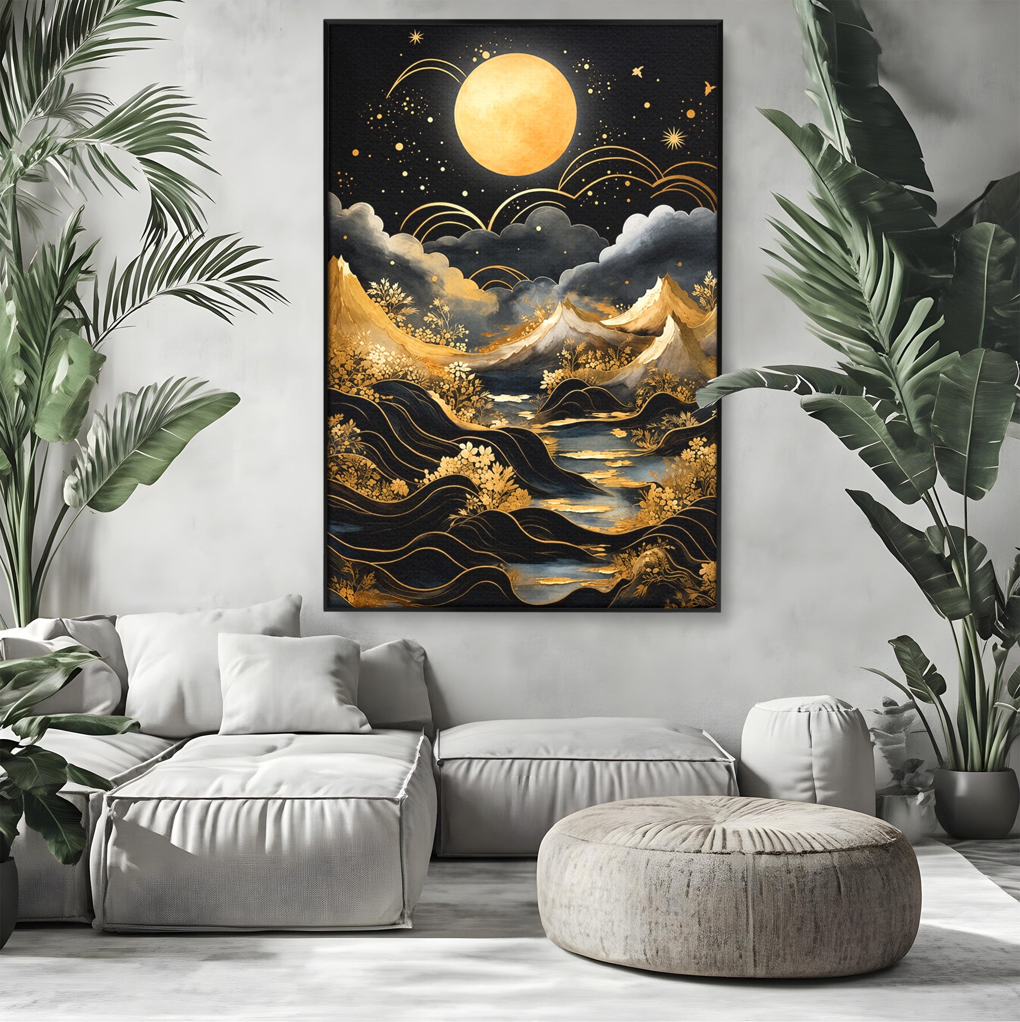 Tablou Canvas Premium LuxCanva® A1736, Luna Deasupra Muntilor, Luna, Munti, Peisaj, Noapte, Dormitor, Culori Vibrante