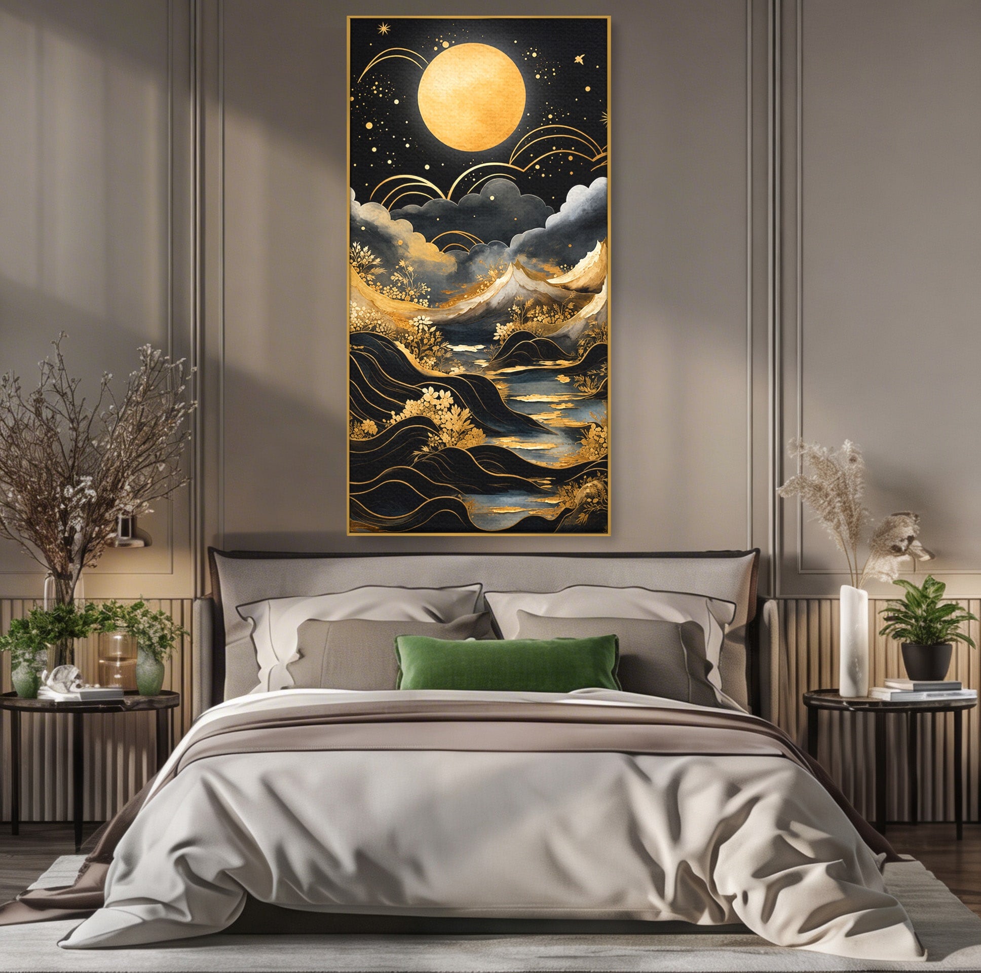 Tablou Canvas Premium LuxCanva® A1736, Luna Deasupra Muntilor, Luna, Munti, Peisaj, Noapte, Dormitor, Culori Vibrante