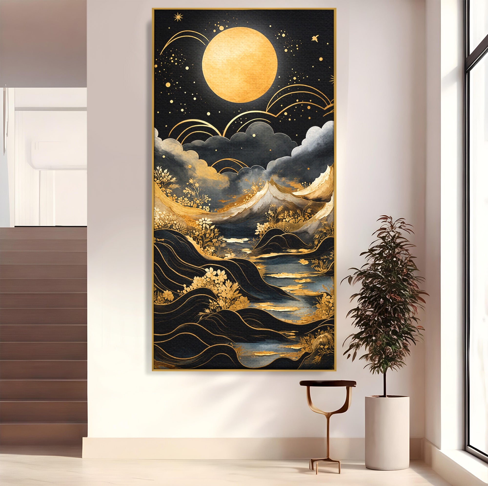 Tablou Canvas Premium LuxCanva® A1736, Luna Deasupra Muntilor, Luna, Munti, Peisaj, Noapte, Dormitor, Culori Vibrante