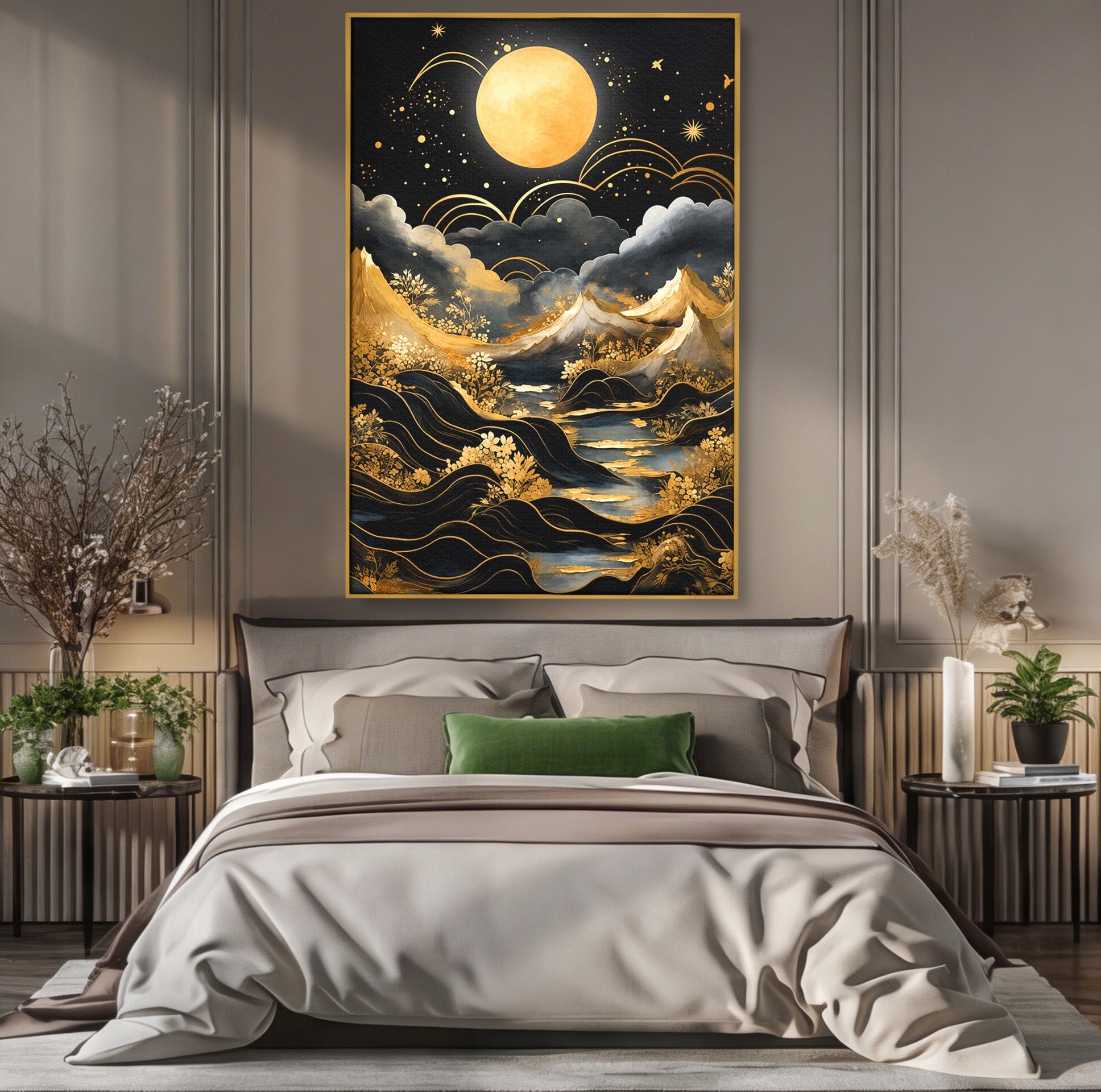 Tablou Canvas Premium LuxCanva® A1736, Luna Deasupra Muntilor, Luna, Munti, Peisaj, Noapte, Dormitor, Culori Vibrante
