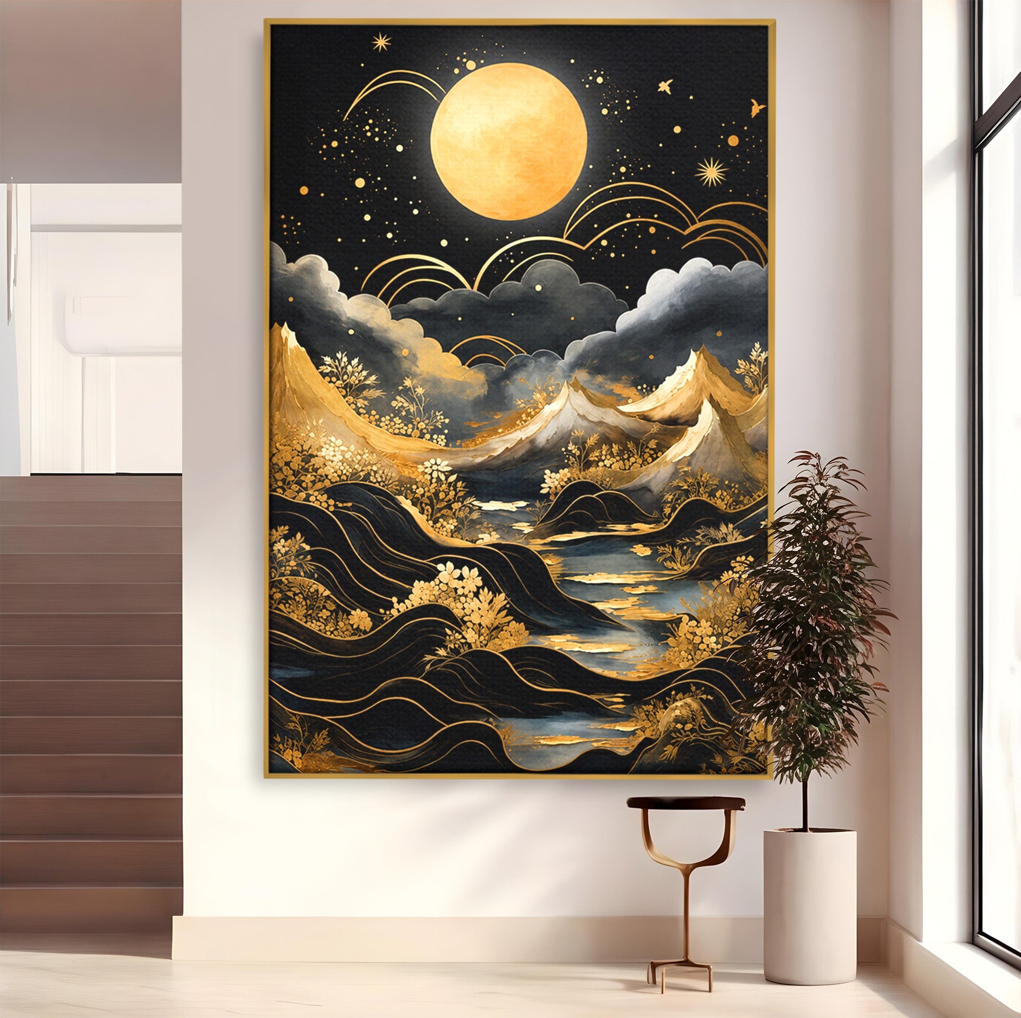 Tablou Canvas Premium LuxCanva® A1736, Luna Deasupra Muntilor, Luna, Munti, Peisaj, Noapte, Dormitor, Culori Vibrante
