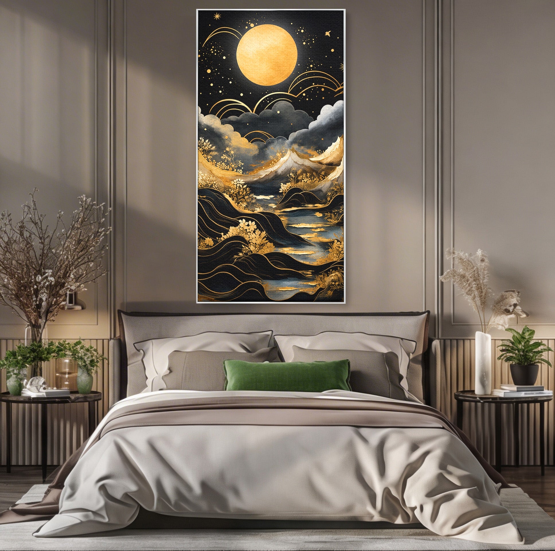 Tablou Canvas Premium LuxCanva® A1736, Luna Deasupra Muntilor, Luna, Munti, Peisaj, Noapte, Dormitor, Culori Vibrante