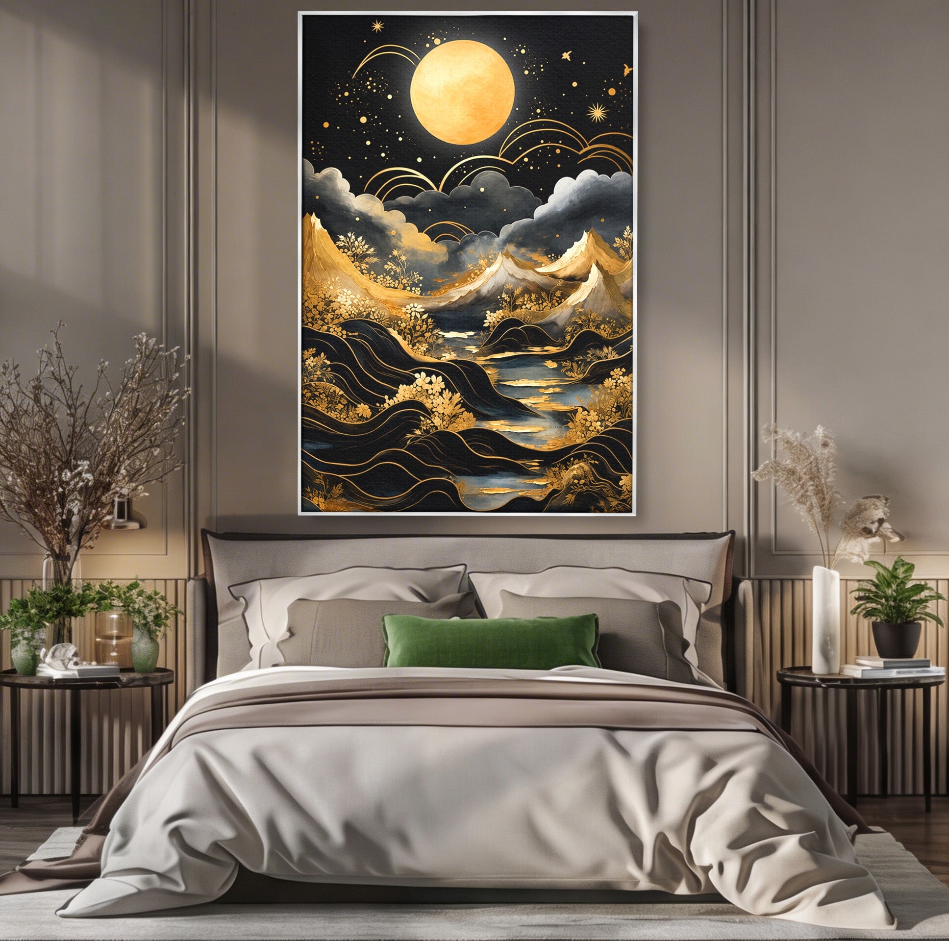 Tablou Canvas Premium LuxCanva® A1736, Luna Deasupra Muntilor, Luna, Munti, Peisaj, Noapte, Dormitor, Culori Vibrante