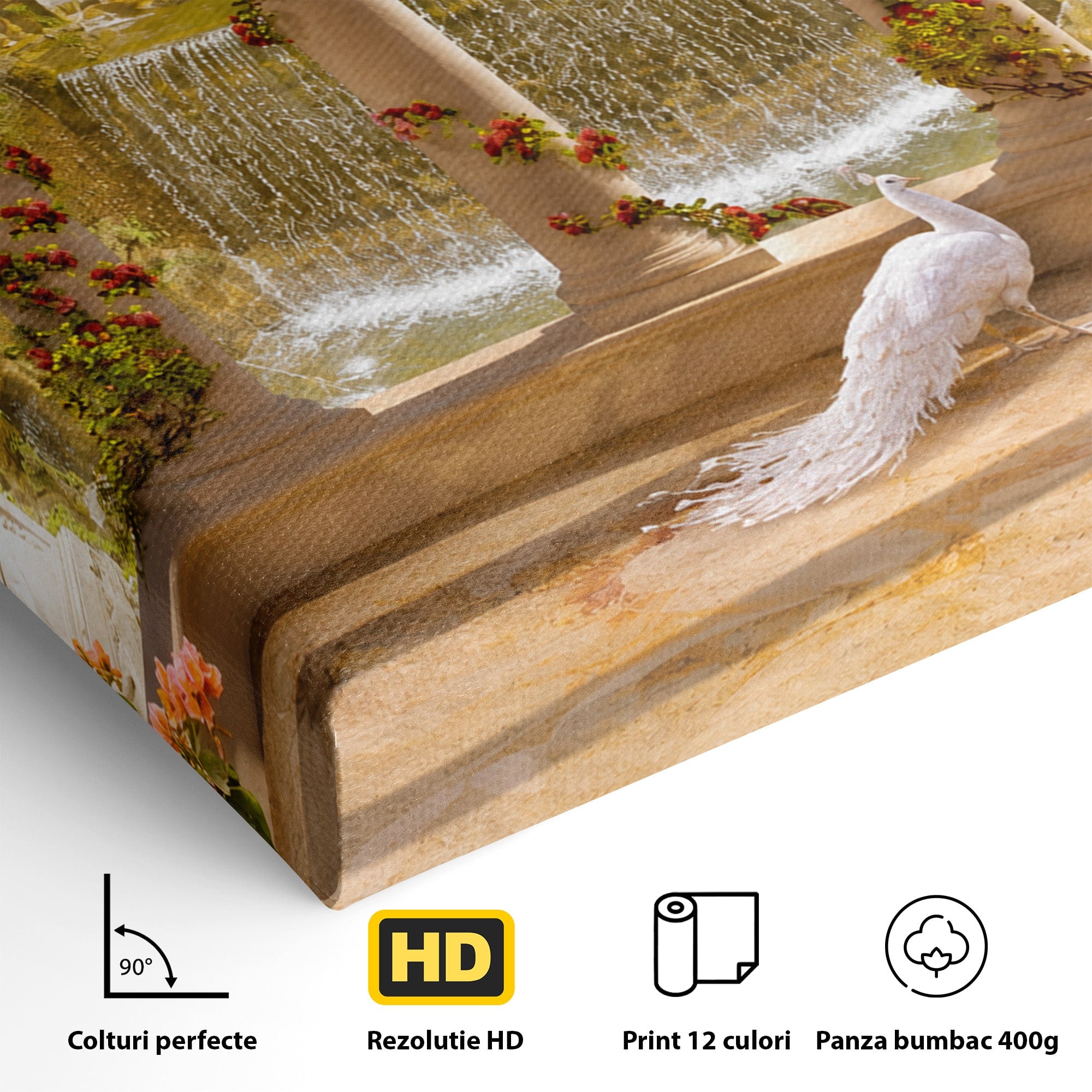 Tablou Canvas Premium LuxCanva® A1740, Pavilionul Cu Păun, Păun, Pavilion, Cascadă, Grădină, Living, Culori Vibrante