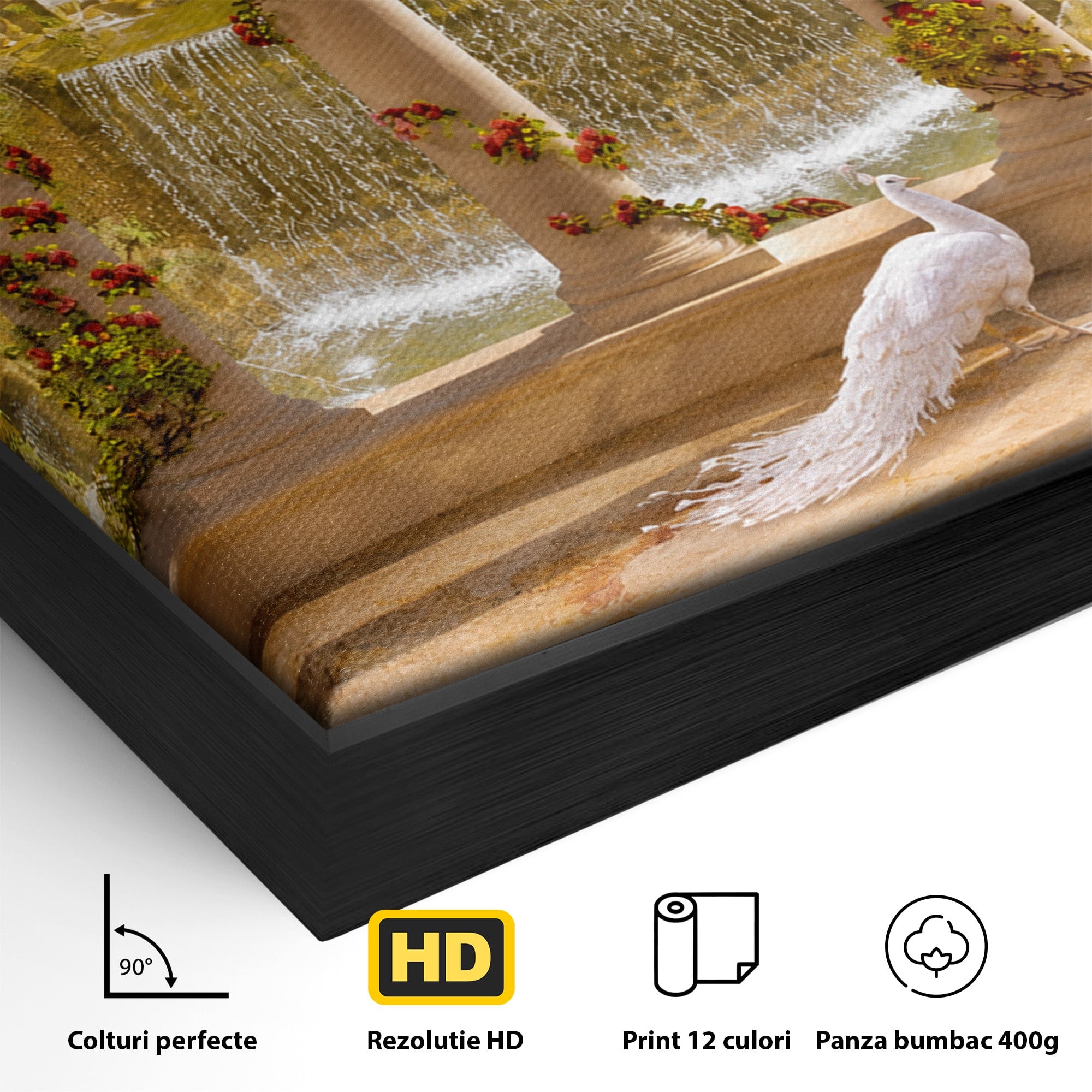 Tablou Canvas Premium LuxCanva® A1740, Pavilionul Cu Păun, Păun, Pavilion, Cascadă, Grădină, Living, Culori Vibrante