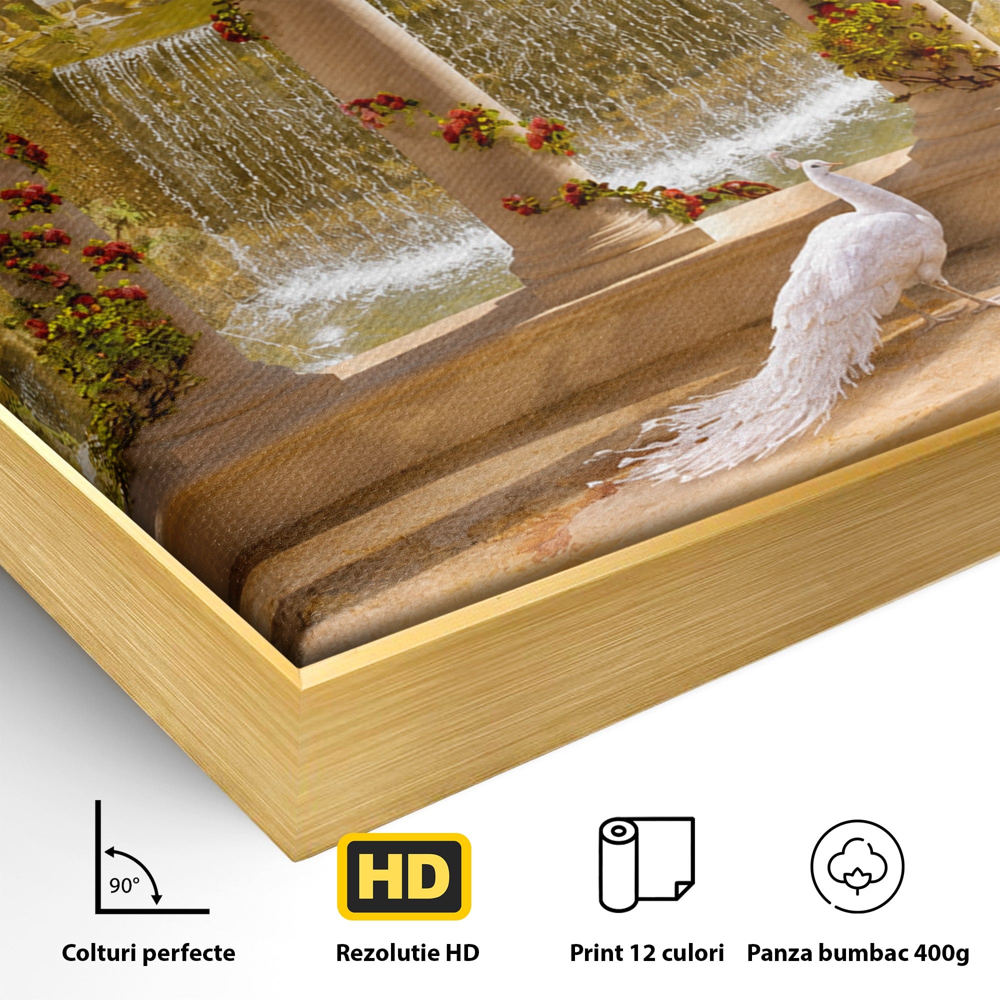 Tablou Canvas Premium LuxCanva® A1740, Pavilionul Cu Păun, Păun, Pavilion, Cascadă, Grădină, Living, Culori Vibrante