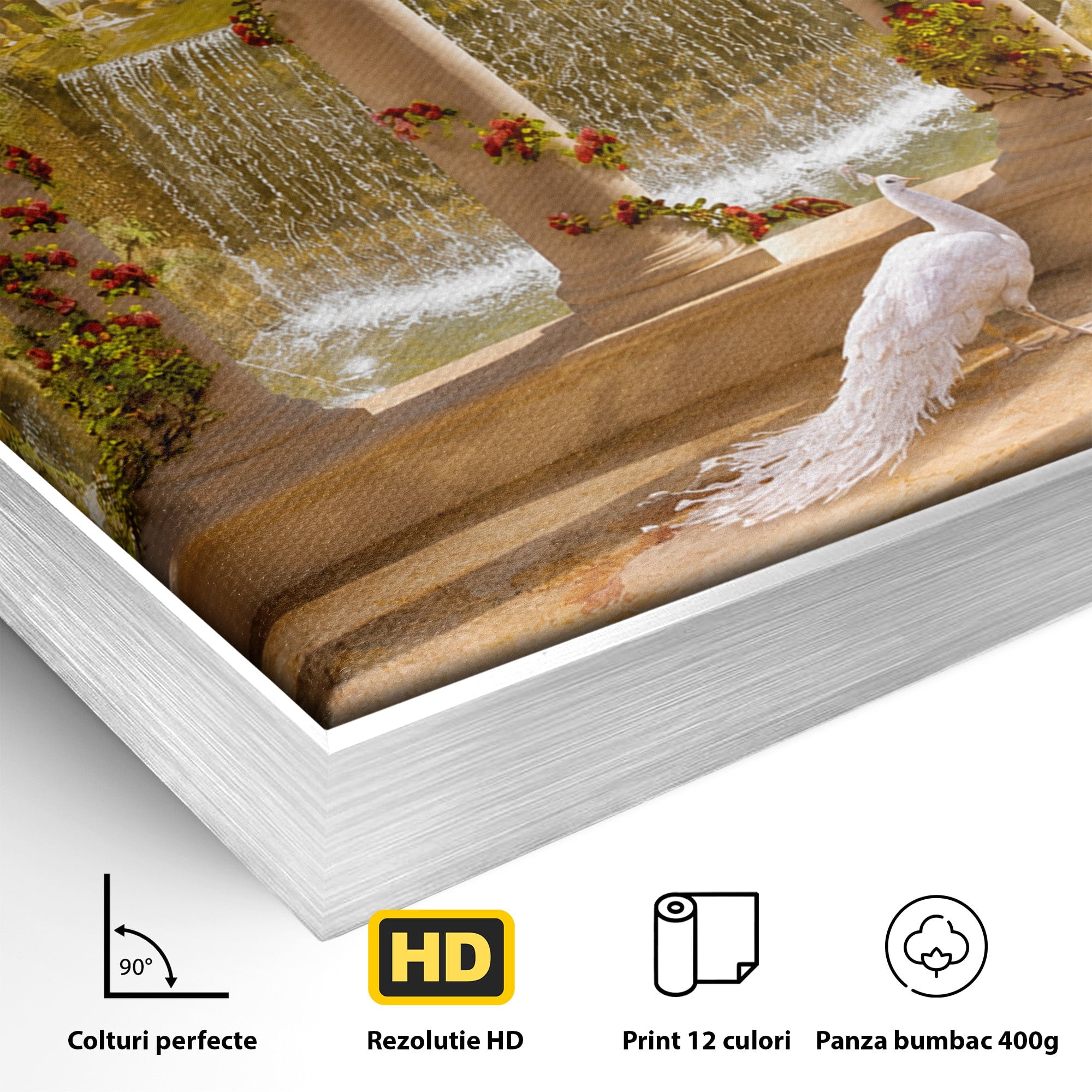 Tablou Canvas Premium LuxCanva® A1740, Pavilionul Cu Păun, Păun, Pavilion, Cascadă, Grădină, Living, Culori Vibrante