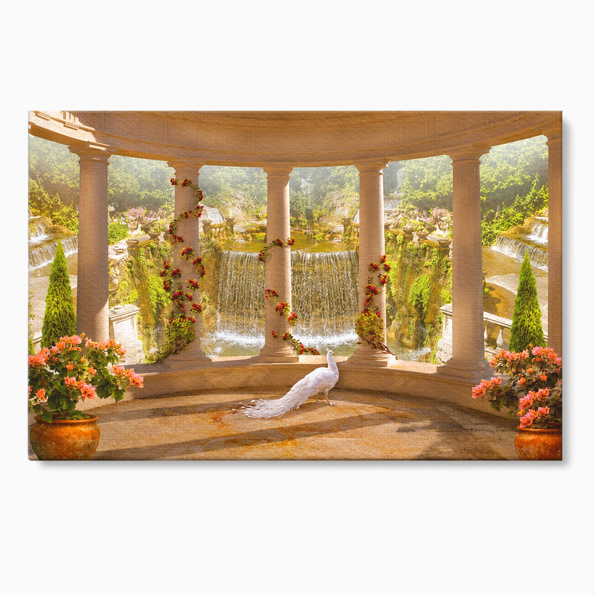 Tablou Canvas Premium LuxCanva® A1740, Pavilionul Cu Păun, Păun, Pavilion, Cascadă, Grădină, Living, Culori Vibrante