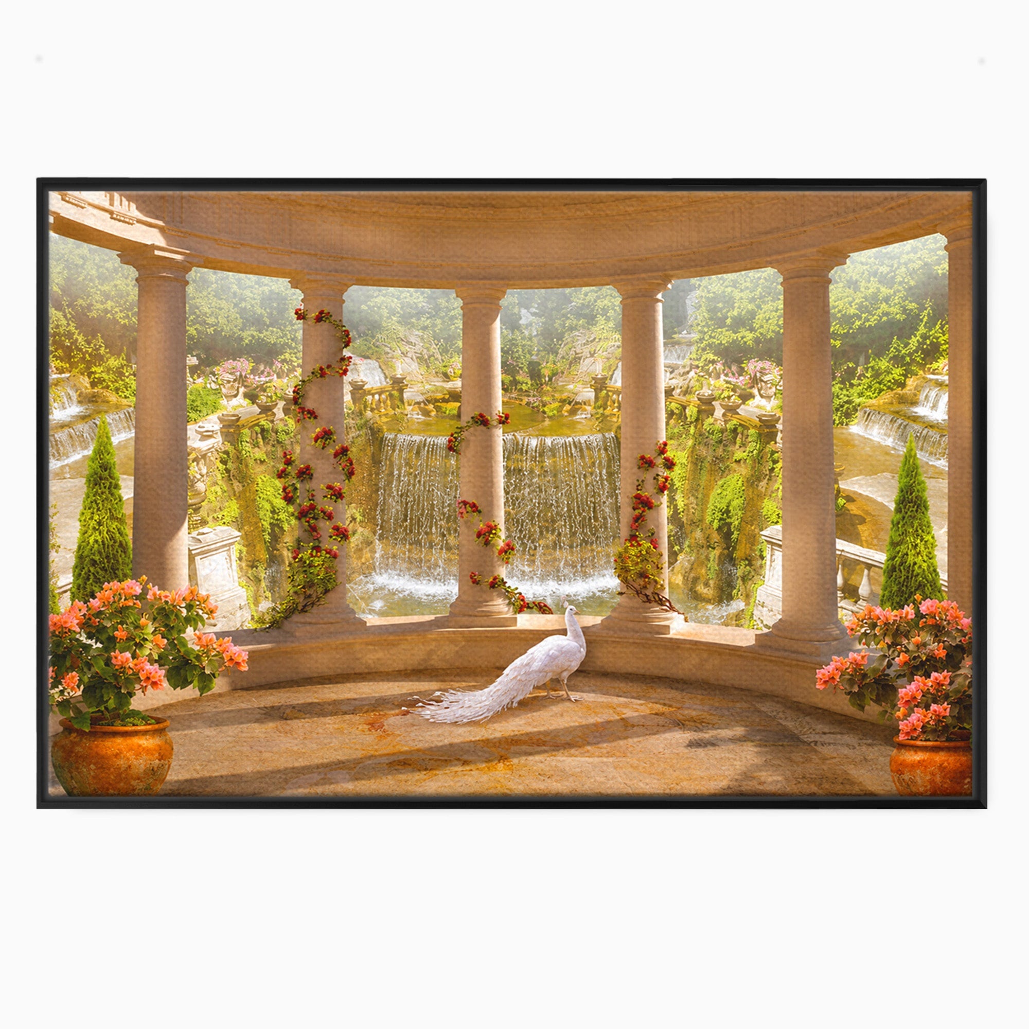 Tablou Canvas Premium LuxCanva® A1740, Pavilionul Cu Păun, Păun, Pavilion, Cascadă, Grădină, Living, Culori Vibrante