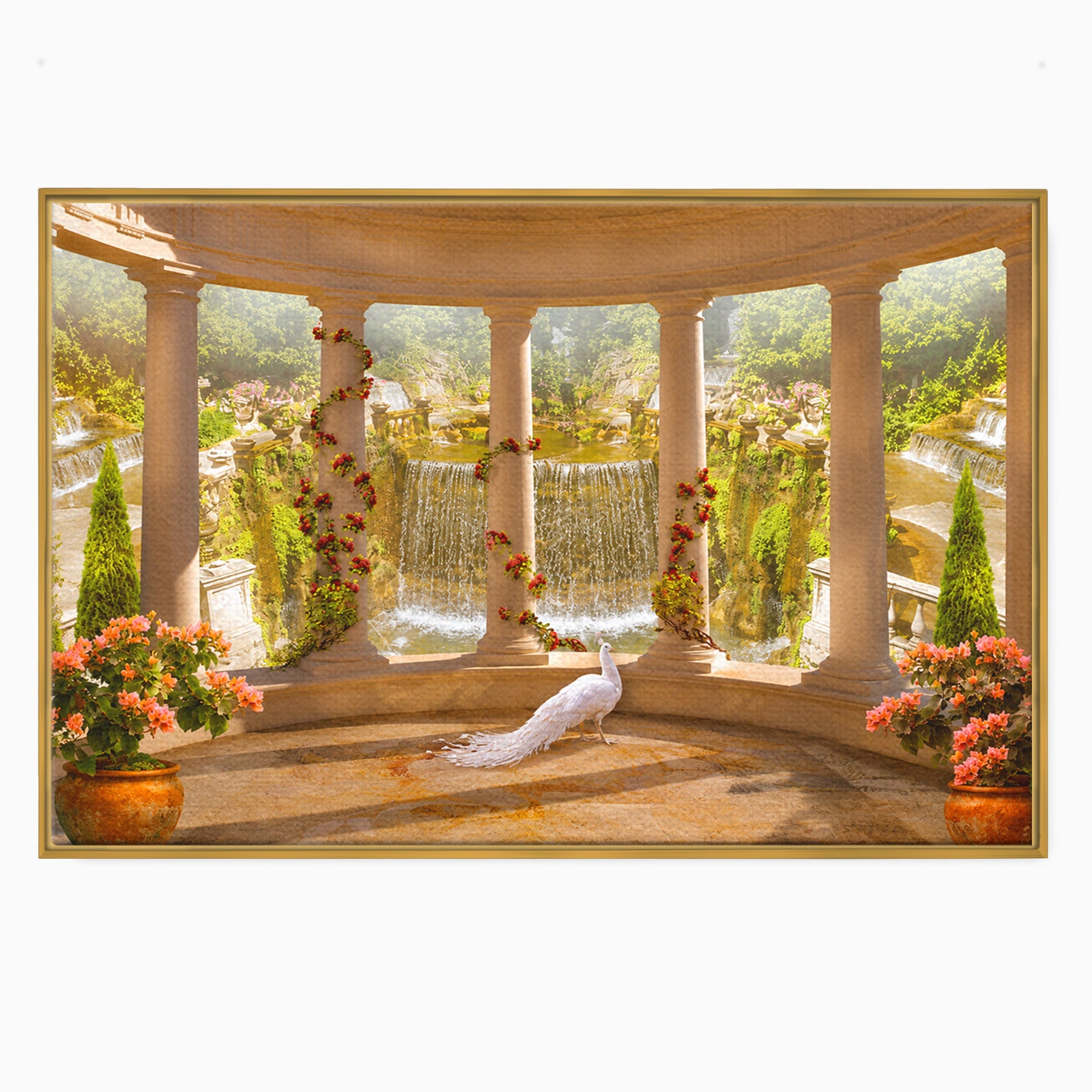 Tablou Canvas Premium LuxCanva® A1740, Pavilionul Cu Păun, Păun, Pavilion, Cascadă, Grădină, Living, Culori Vibrante