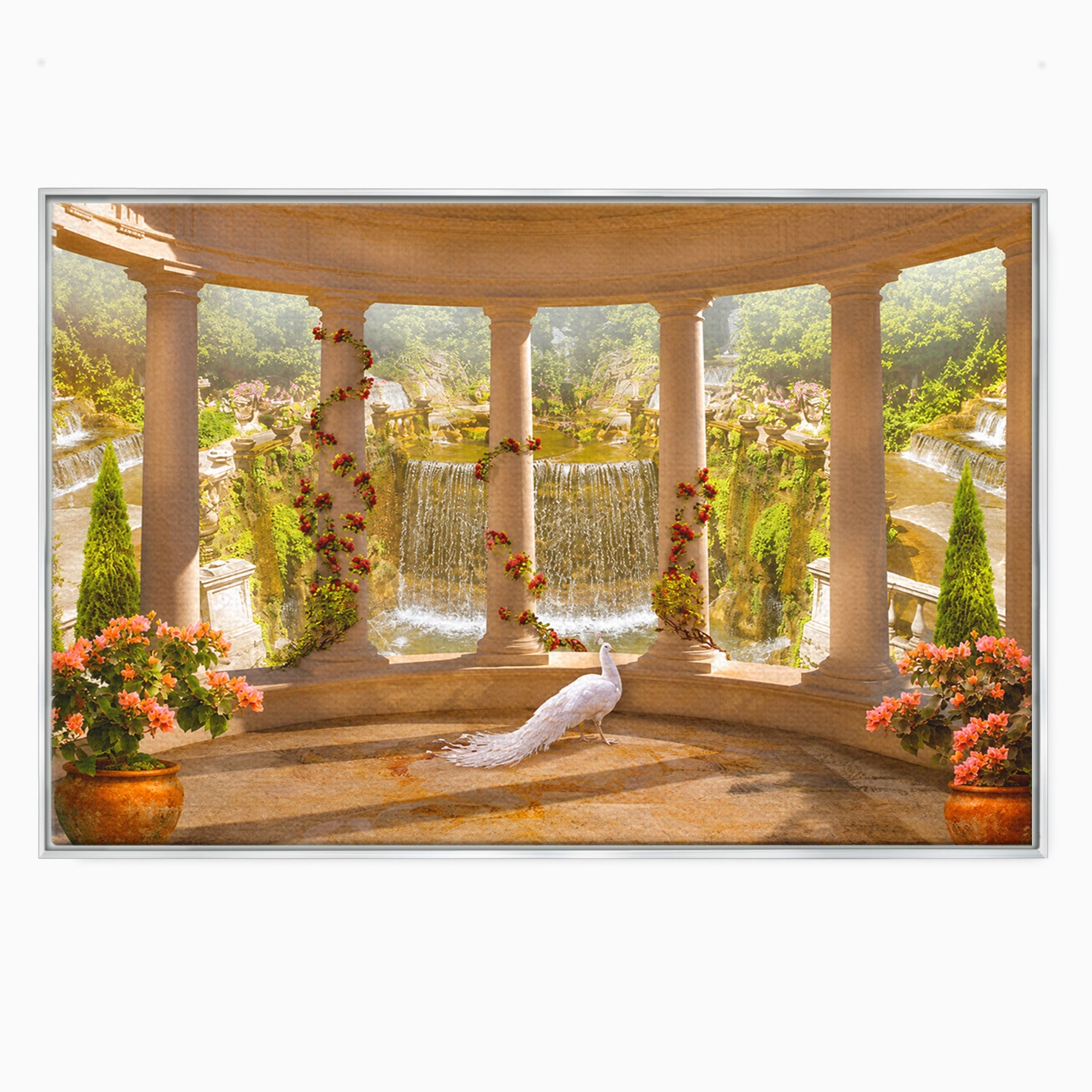Tablou Canvas Premium LuxCanva® A1740, Pavilionul Cu Păun, Păun, Pavilion, Cascadă, Grădină, Living, Culori Vibrante