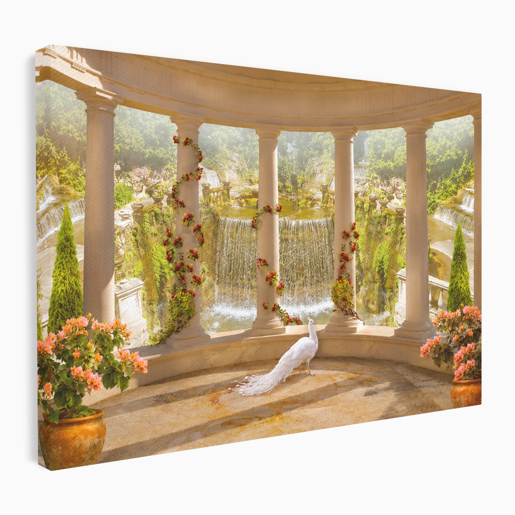 Tablou Canvas Premium LuxCanva® A1740, Pavilionul Cu Păun, Păun, Pavilion, Cascadă, Grădină, Living, Culori Vibrante