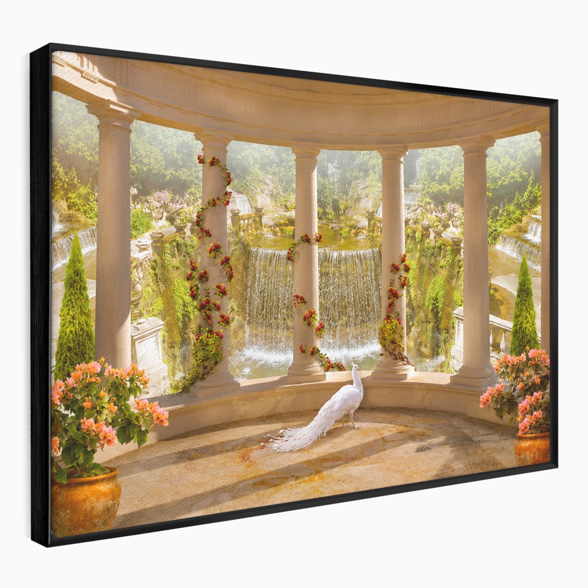 Tablou Canvas Premium LuxCanva® A1740, Pavilionul Cu Păun, Păun, Pavilion, Cascadă, Grădină, Living, Culori Vibrante