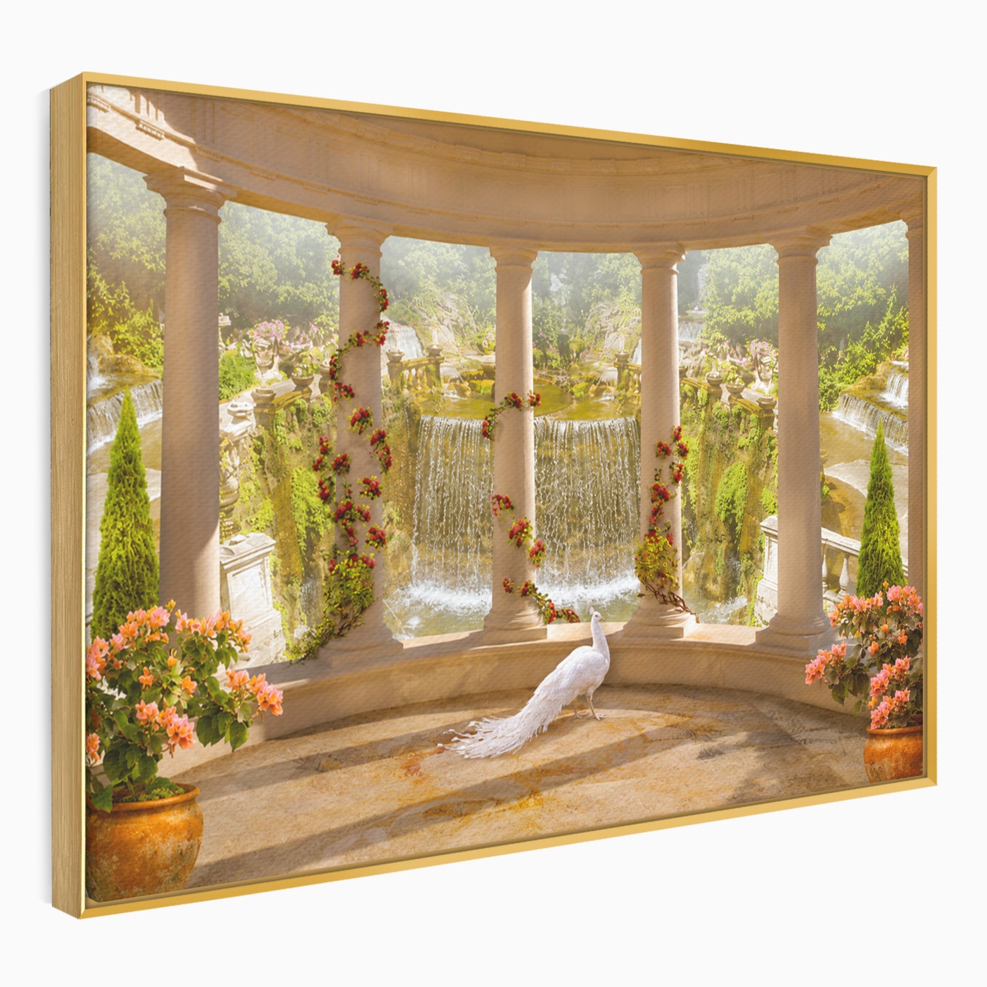 Tablou Canvas Premium LuxCanva® A1740, Pavilionul Cu Păun, Păun, Pavilion, Cascadă, Grădină, Living, Culori Vibrante