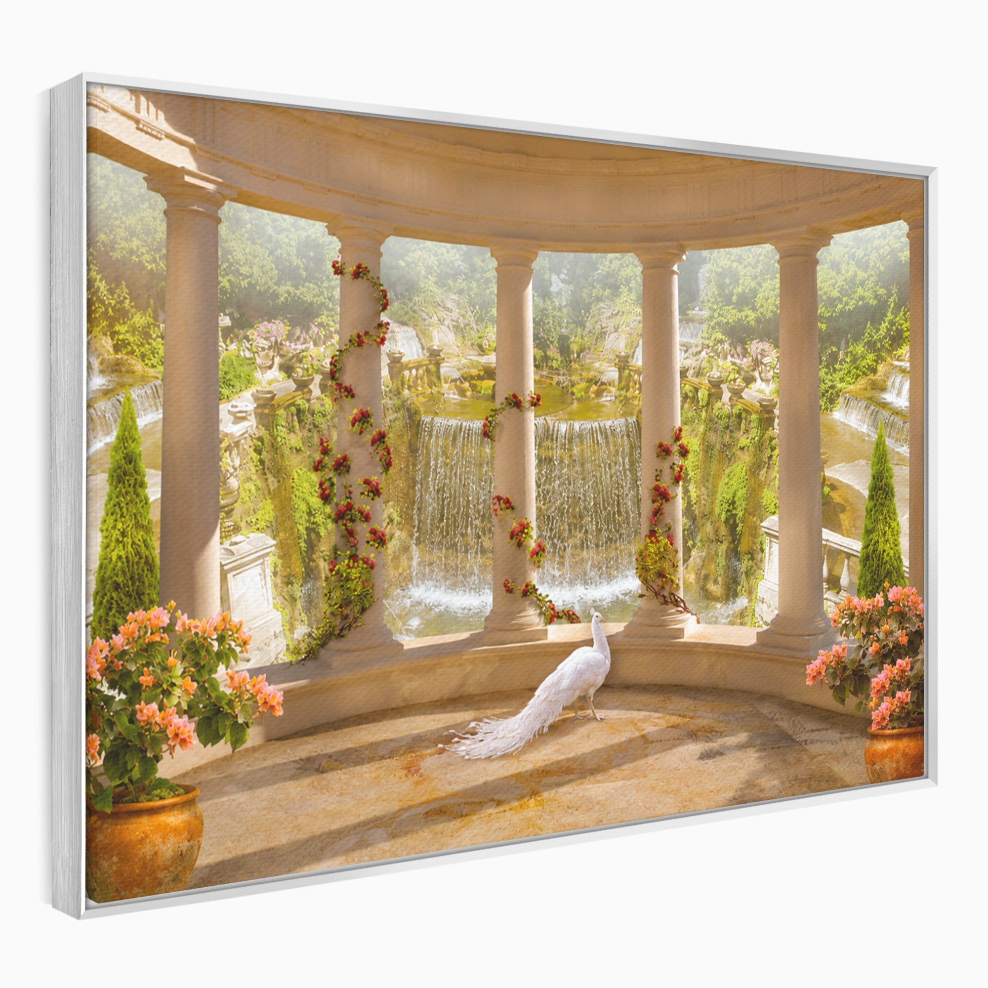 Tablou Canvas Premium LuxCanva® A1740, Pavilionul Cu Păun, Păun, Pavilion, Cascadă, Grădină, Living, Culori Vibrante