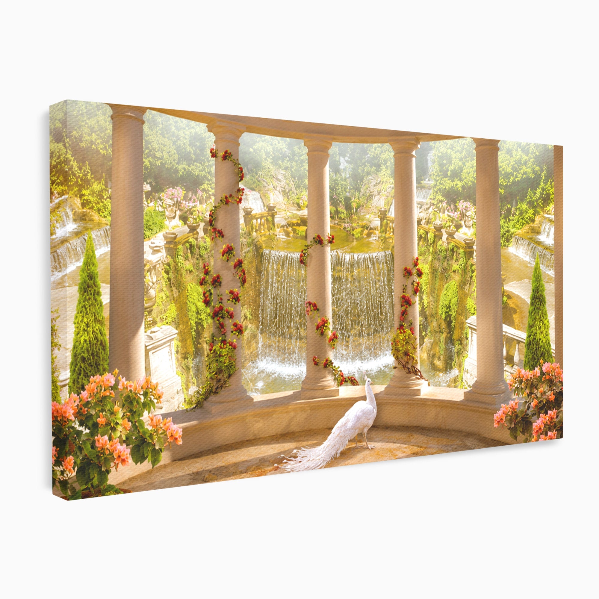 Tablou Canvas Premium LuxCanva® A1740, Pavilionul Cu Păun, Păun, Pavilion, Cascadă, Grădină, Living, Culori Vibrante