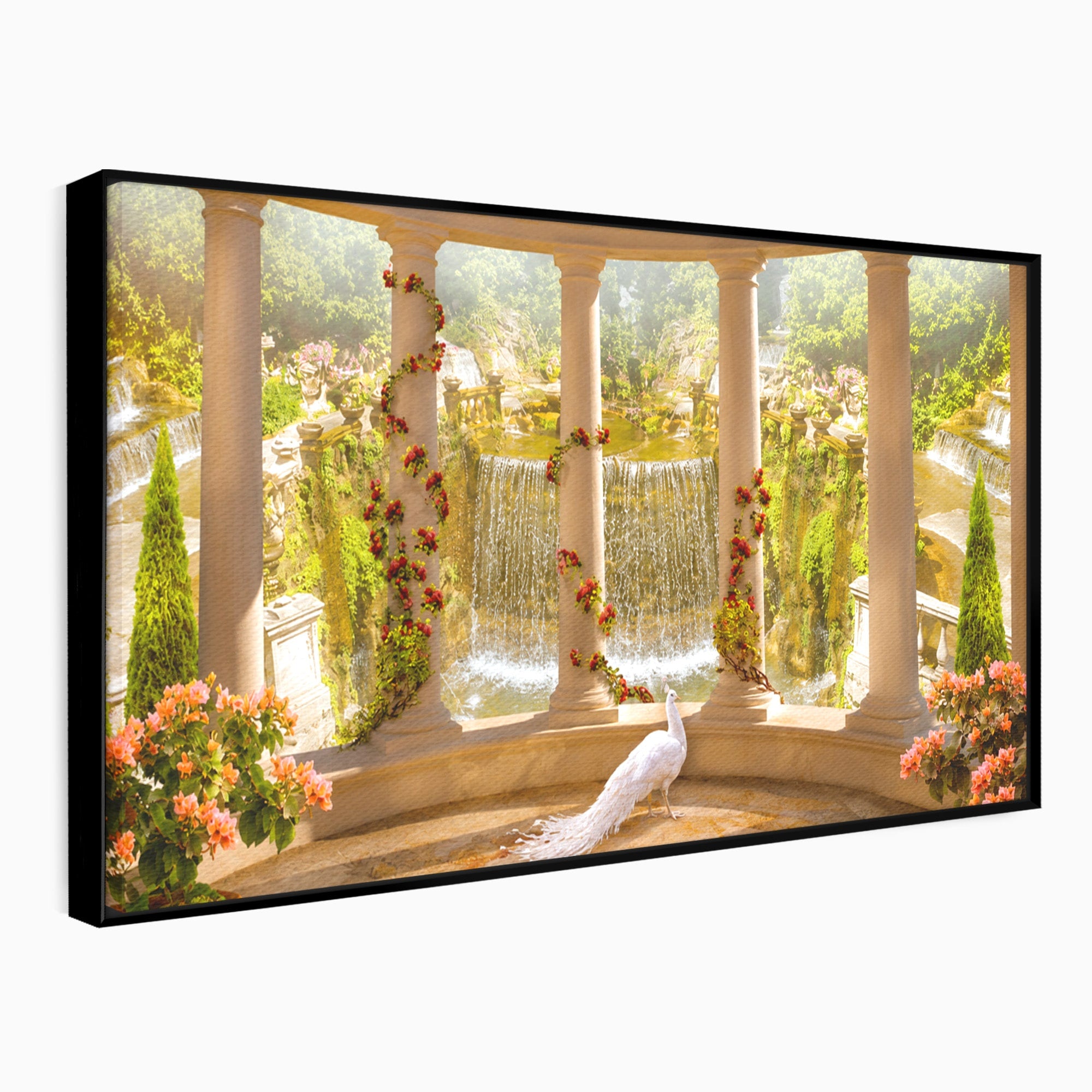Tablou Canvas Premium LuxCanva® A1740, Pavilionul Cu Păun, Păun, Pavilion, Cascadă, Grădină, Living, Culori Vibrante