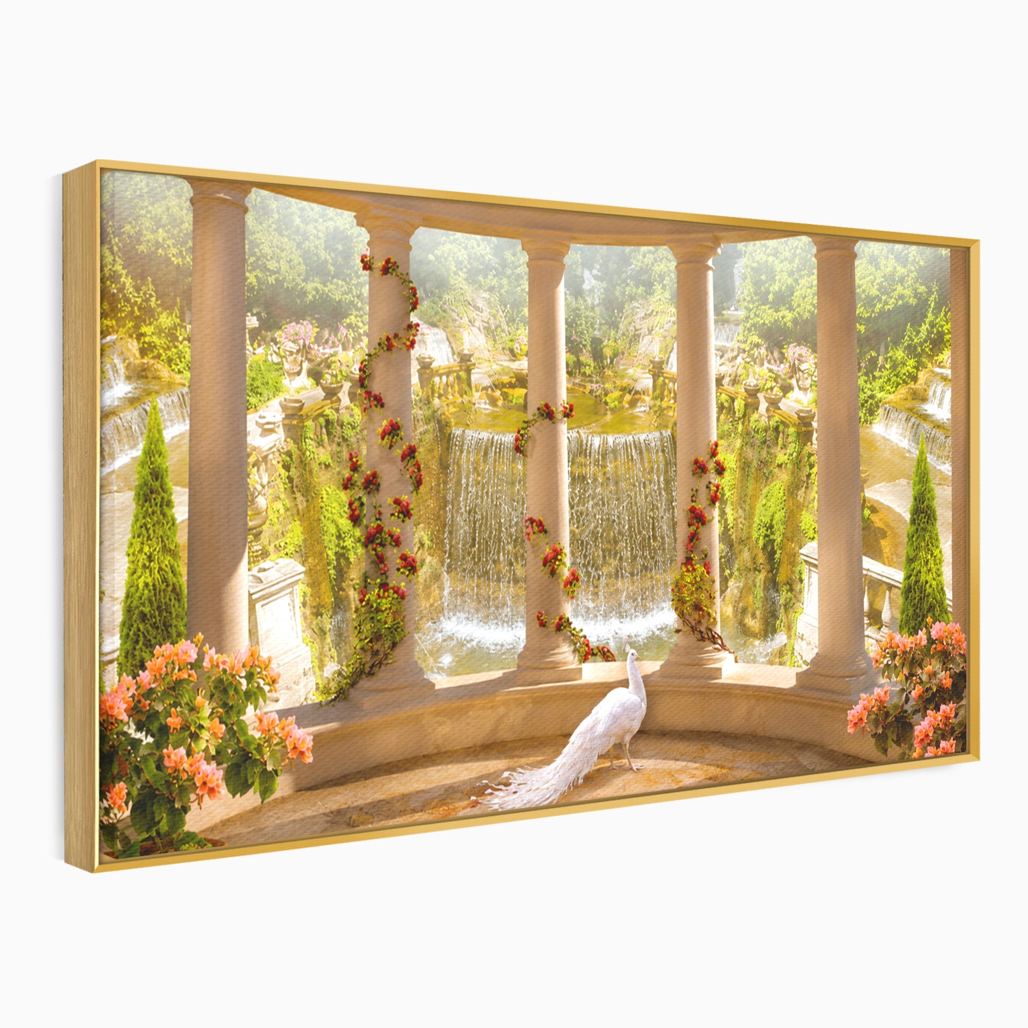 Tablou Canvas Premium LuxCanva® A1740, Pavilionul Cu Păun, Păun, Pavilion, Cascadă, Grădină, Living, Culori Vibrante