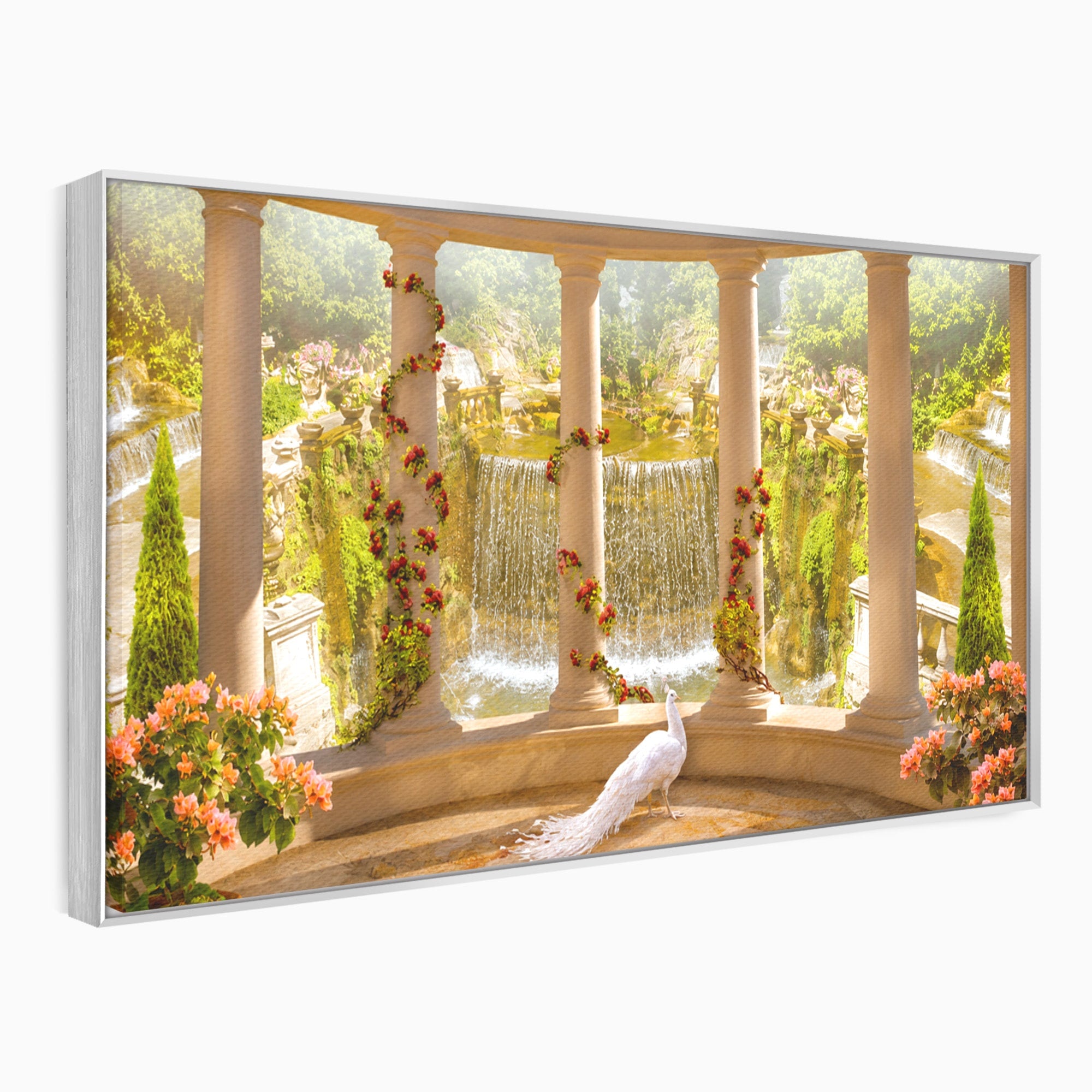 Tablou Canvas Premium LuxCanva® A1740, Pavilionul Cu Păun, Păun, Pavilion, Cascadă, Grădină, Living, Culori Vibrante