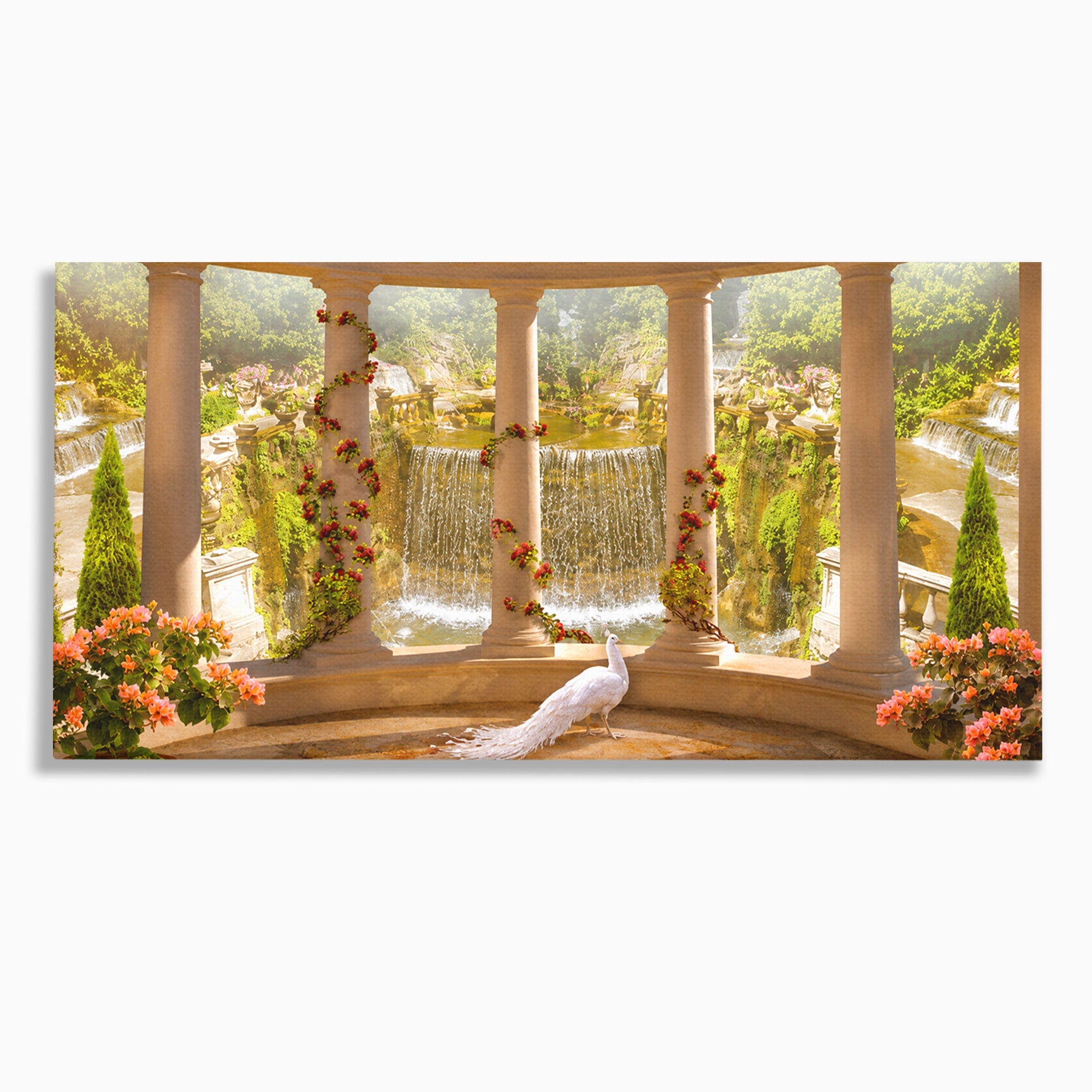 Tablou Canvas Premium LuxCanva® A1740, Pavilionul Cu Păun, Păun, Pavilion, Cascadă, Grădină, Living, Culori Vibrante