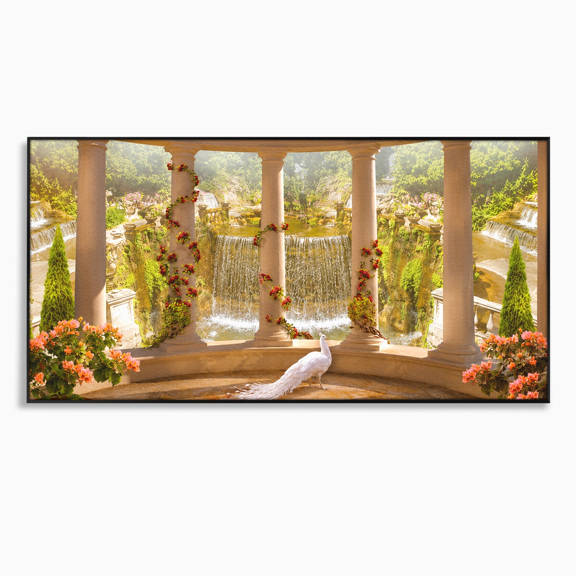 Tablou Canvas Premium LuxCanva® A1740, Pavilionul Cu Păun, Păun, Pavilion, Cascadă, Grădină, Living, Culori Vibrante