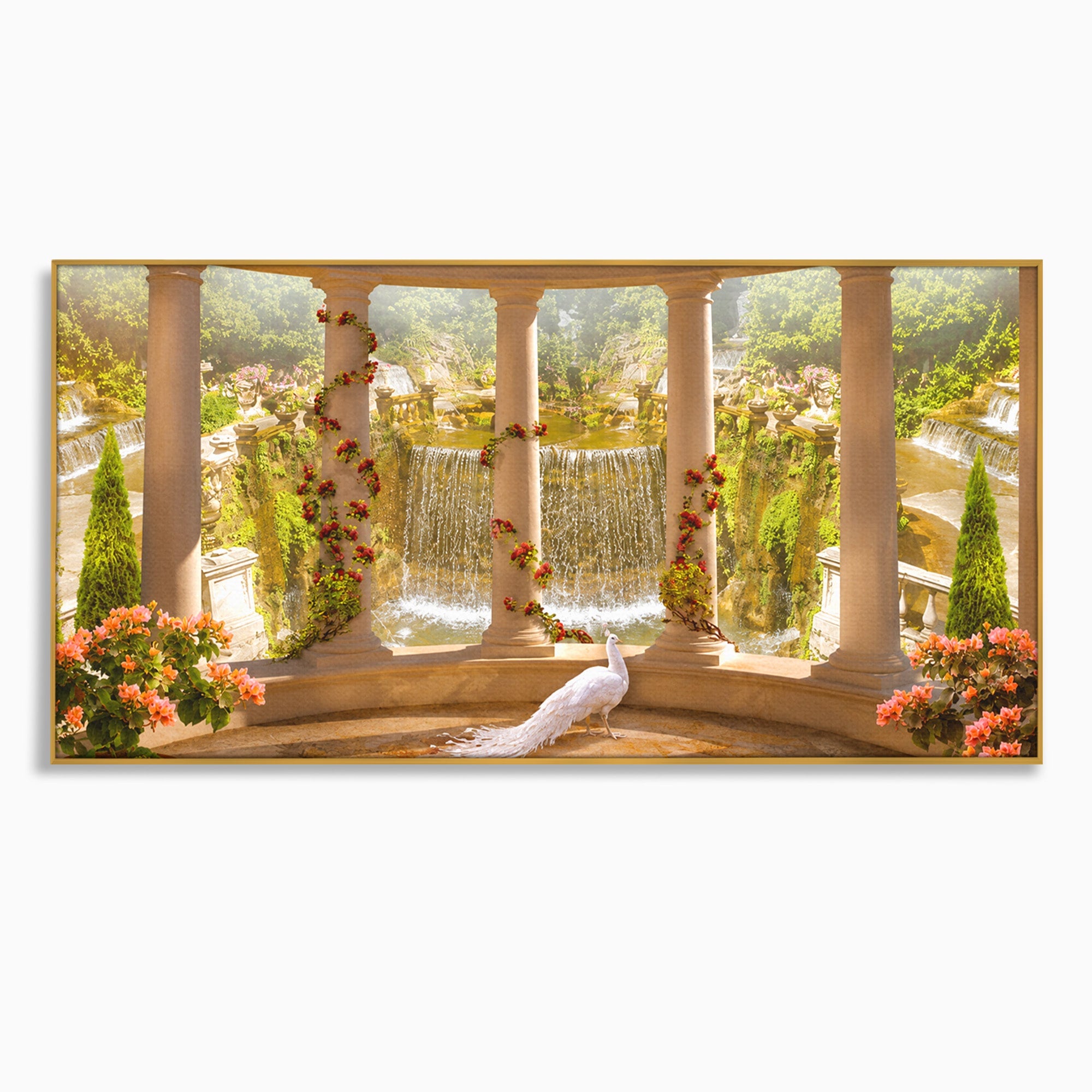 Tablou Canvas Premium LuxCanva® A1740, Pavilionul Cu Păun, Păun, Pavilion, Cascadă, Grădină, Living, Culori Vibrante