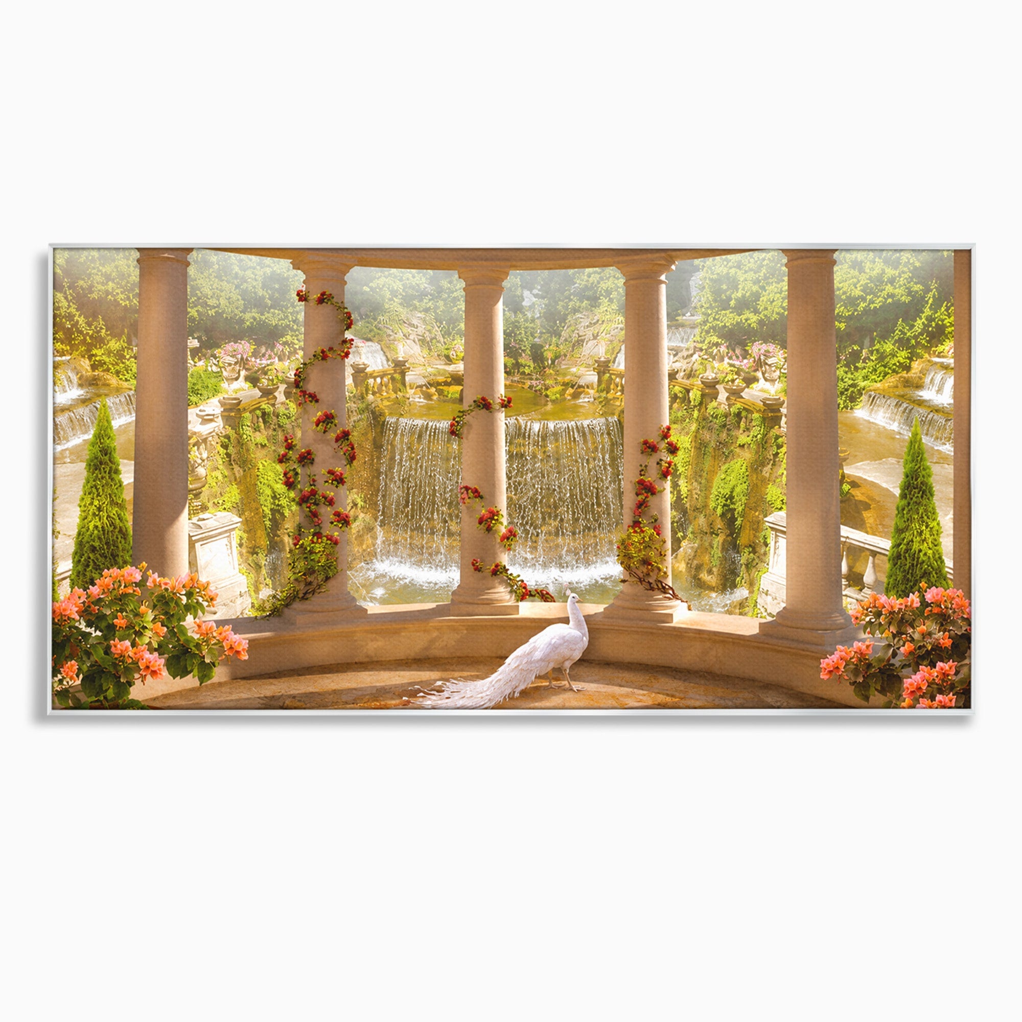 Tablou Canvas Premium LuxCanva® A1740, Pavilionul Cu Păun, Păun, Pavilion, Cascadă, Grădină, Living, Culori Vibrante