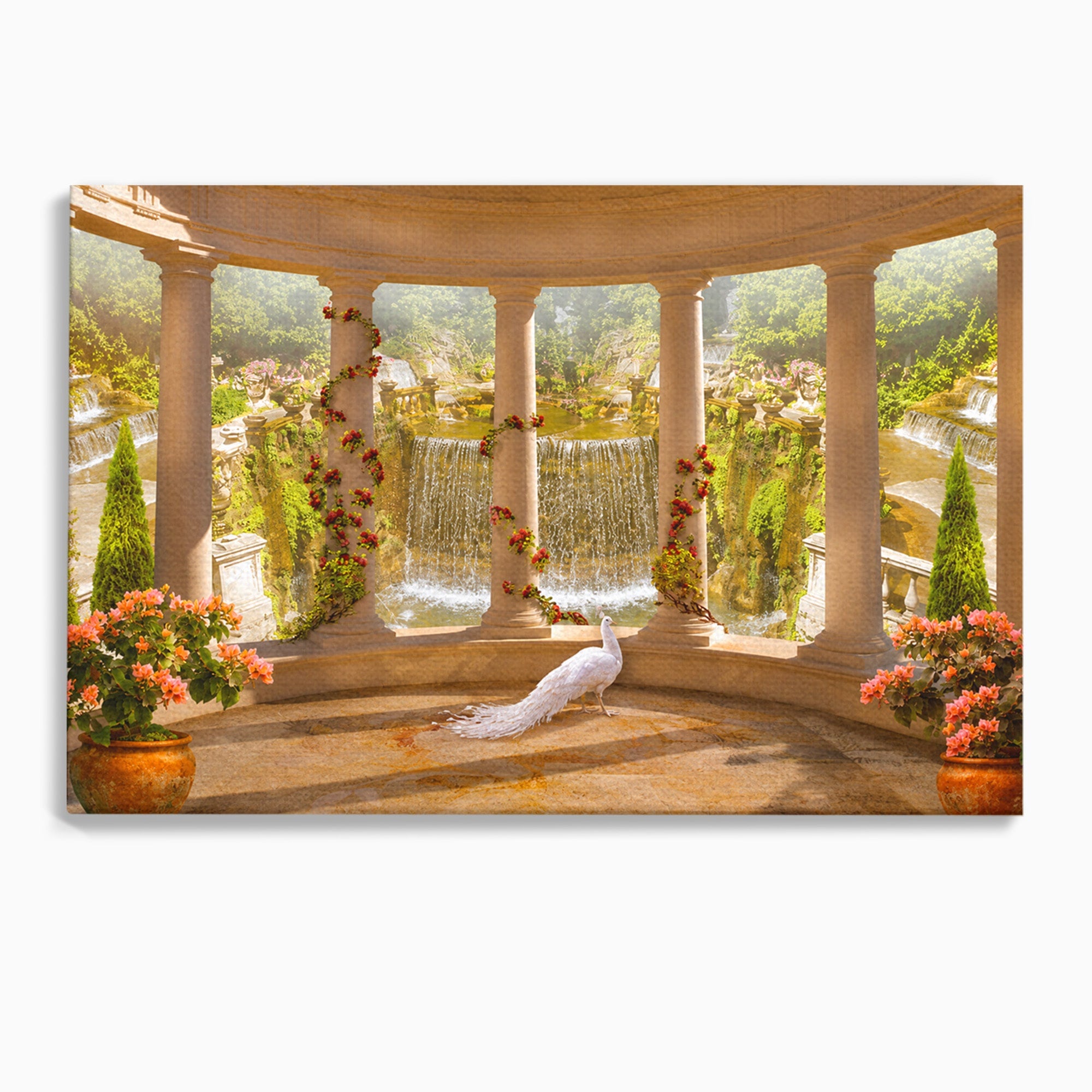 Tablou Canvas Premium LuxCanva® A1740, Pavilionul Cu Păun, Păun, Pavilion, Cascadă, Grădină, Living, Culori Vibrante