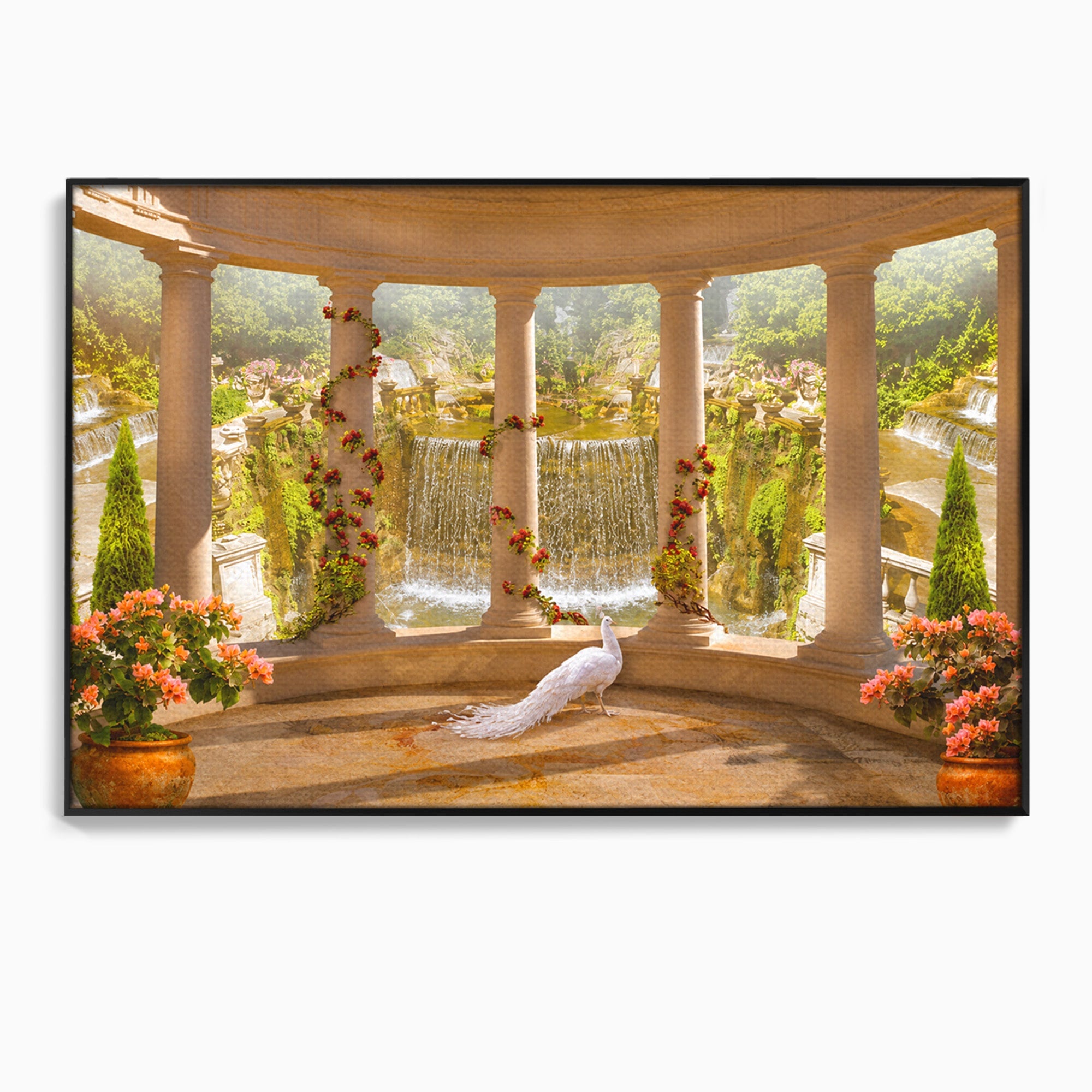 Tablou Canvas Premium LuxCanva® A1740, Pavilionul Cu Păun, Păun, Pavilion, Cascadă, Grădină, Living, Culori Vibrante
