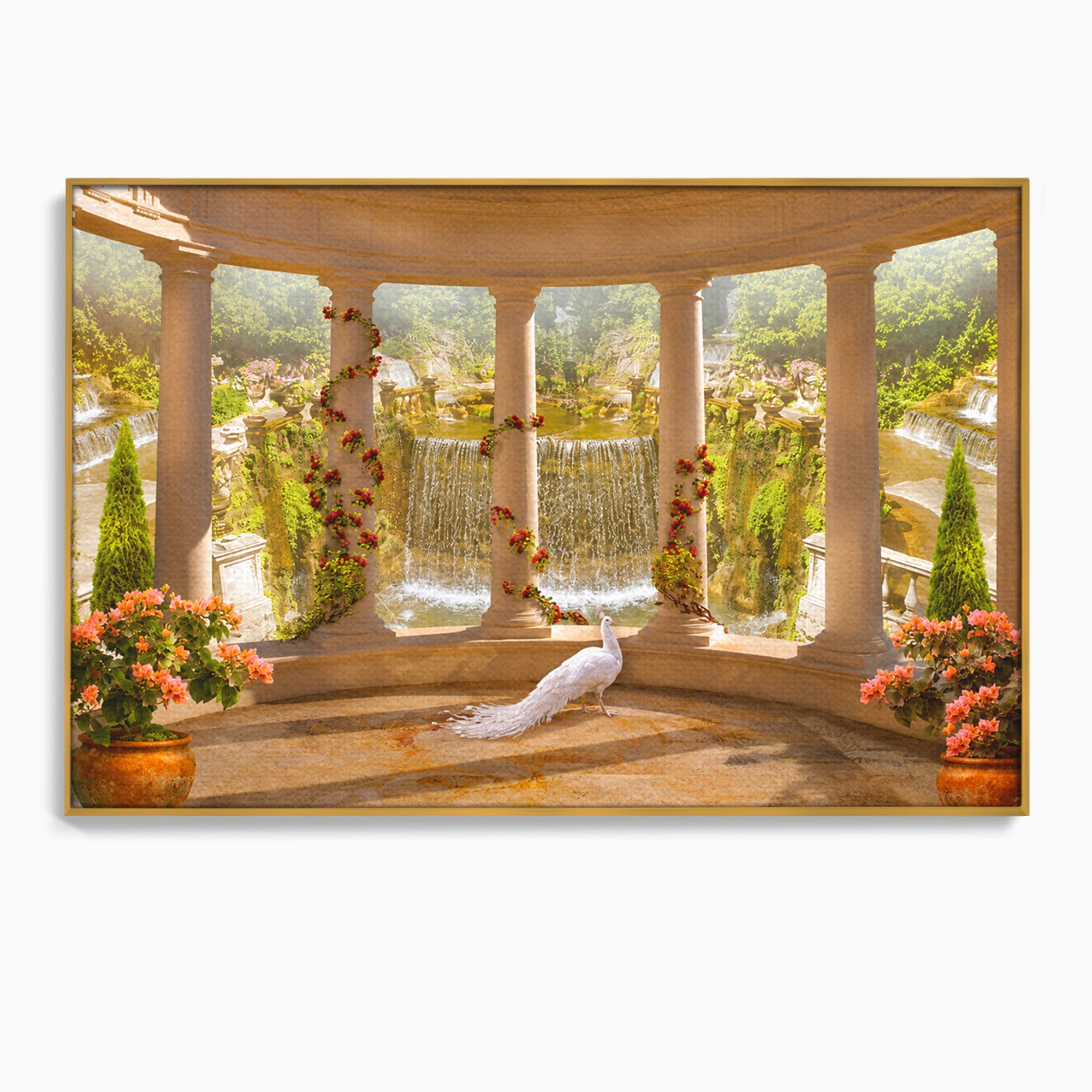 Tablou Canvas Premium LuxCanva® A1740, Pavilionul Cu Păun, Păun, Pavilion, Cascadă, Grădină, Living, Culori Vibrante