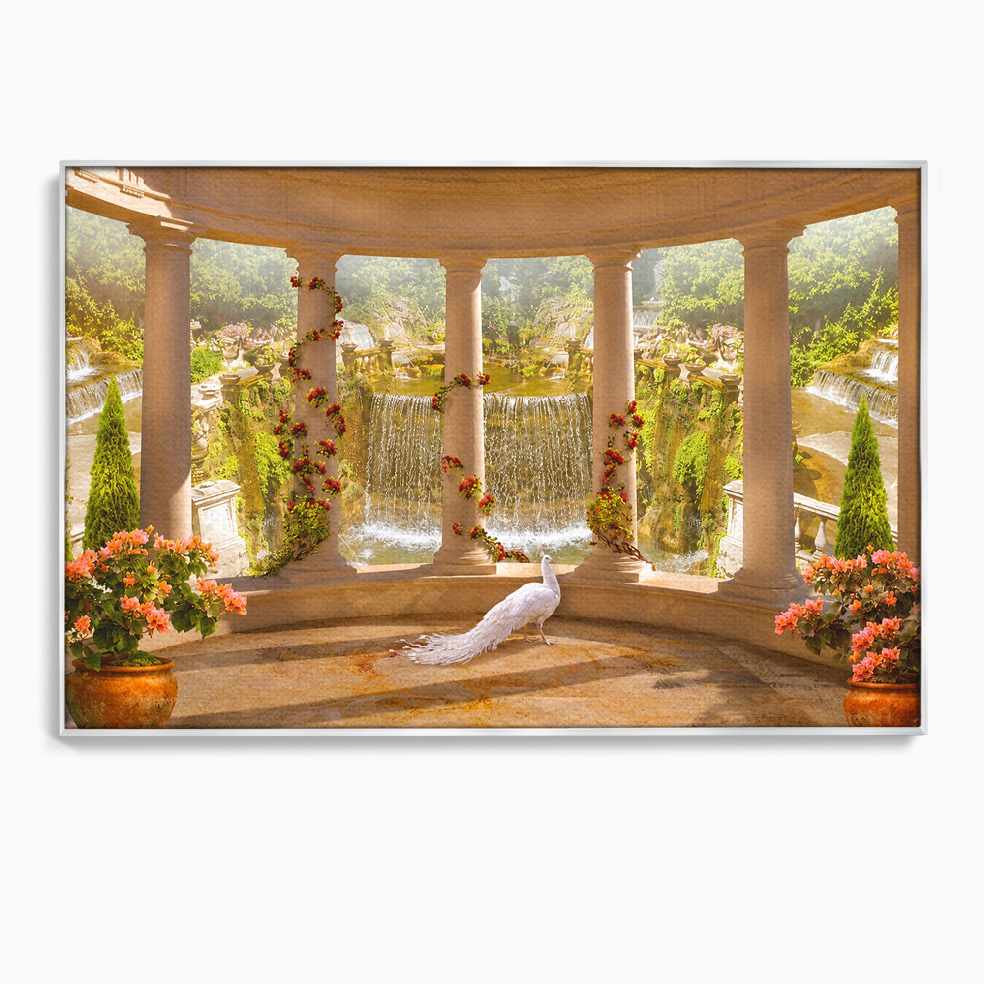 Tablou Canvas Premium LuxCanva® A1740, Pavilionul Cu Păun, Păun, Pavilion, Cascadă, Grădină, Living, Culori Vibrante