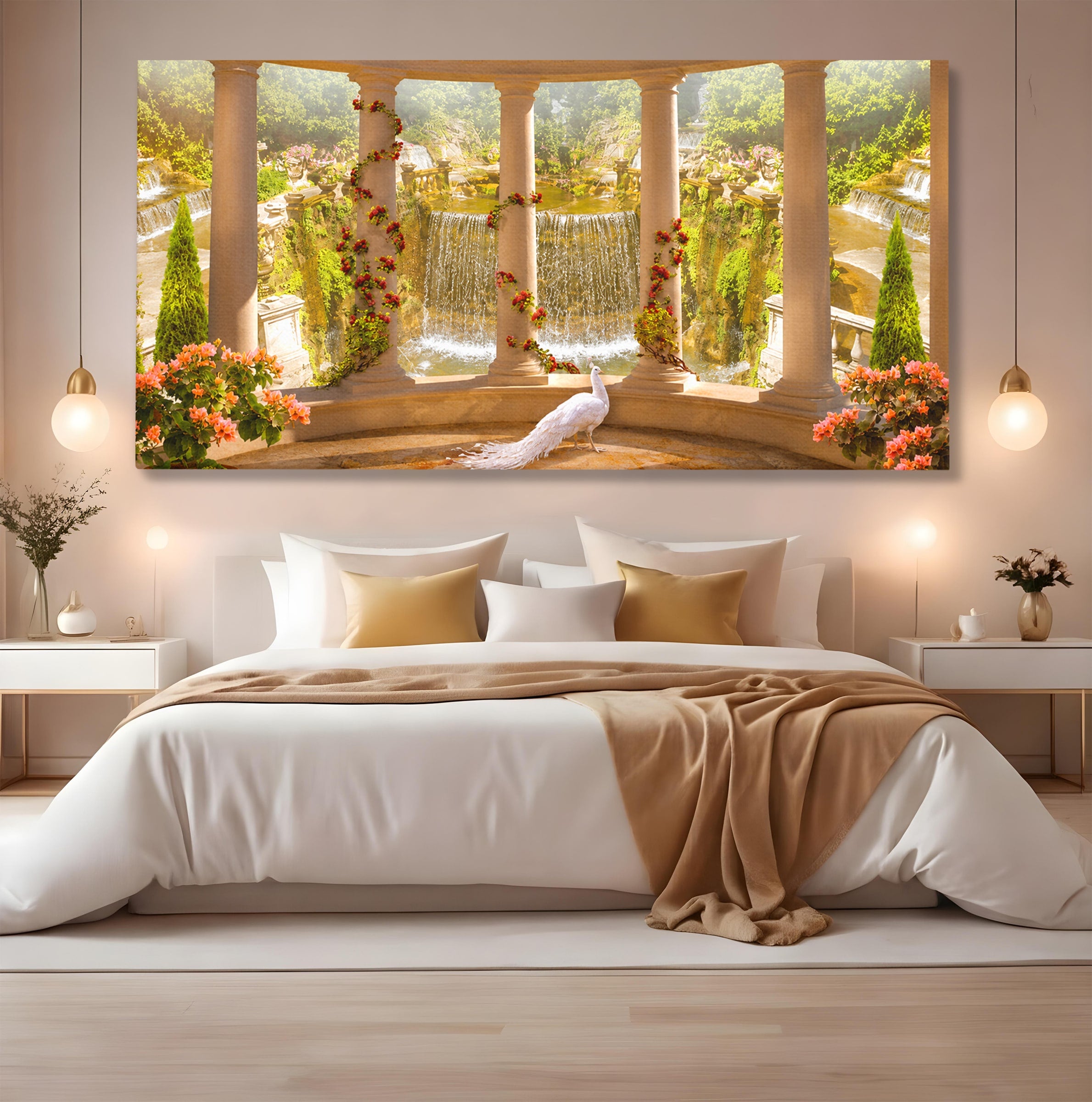 Tablou Canvas Premium LuxCanva® A1740, Pavilionul Cu Păun, Păun, Pavilion, Cascadă, Grădină, Living, Culori Vibrante