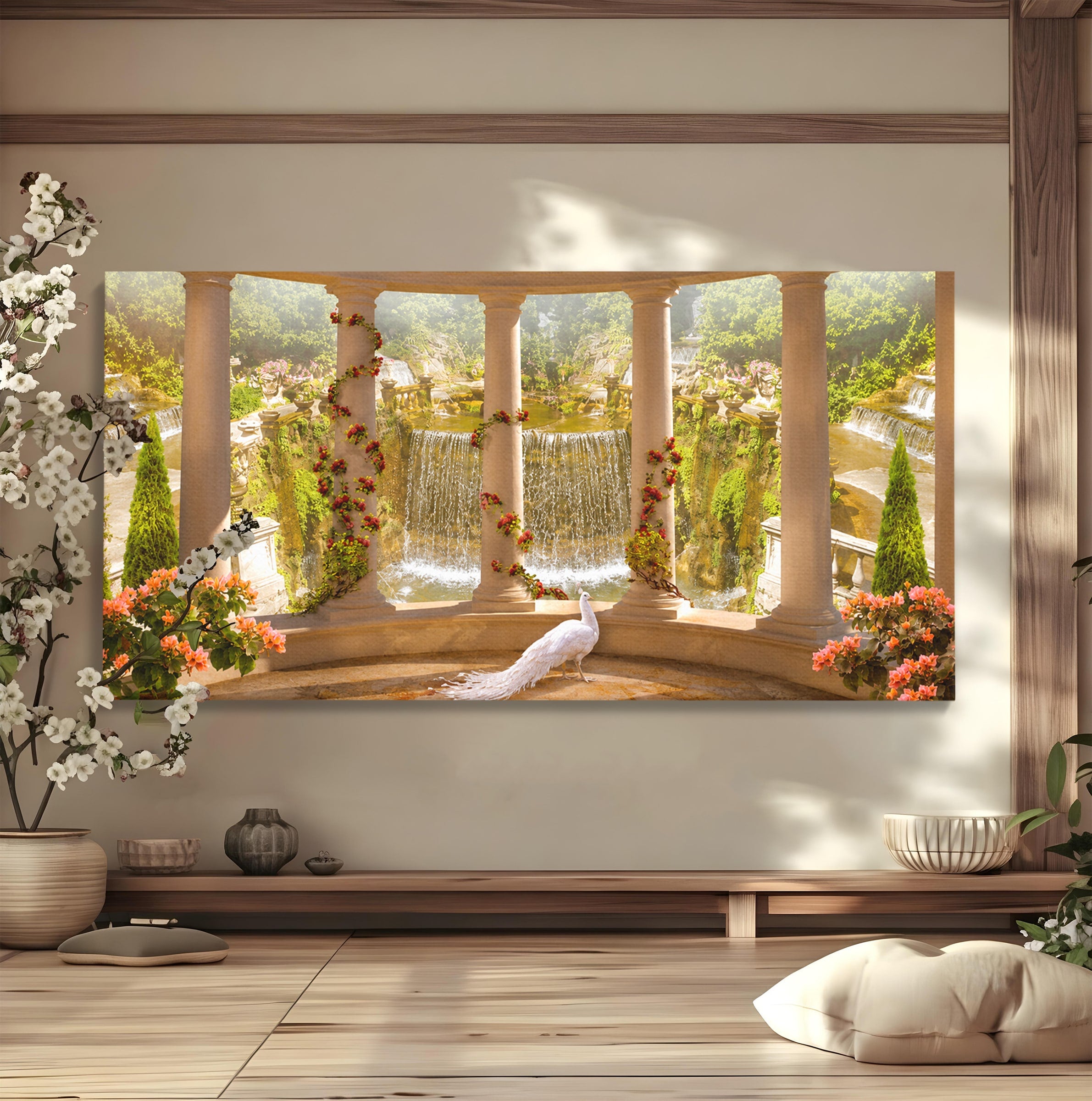 Tablou Canvas Premium LuxCanva® A1740, Pavilionul Cu Păun, Păun, Pavilion, Cascadă, Grădină, Living, Culori Vibrante