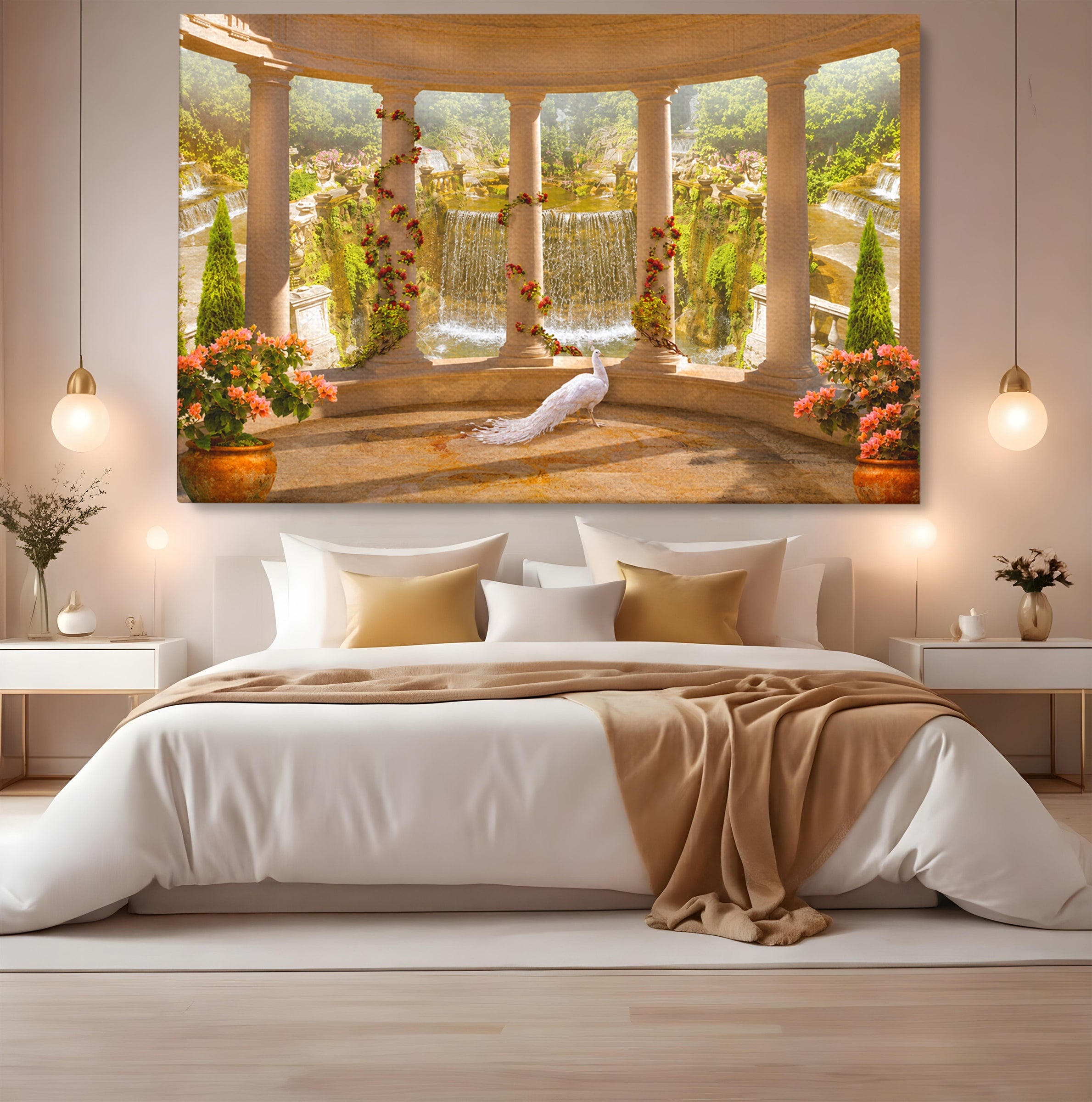 Tablou Canvas Premium LuxCanva® A1740, Pavilionul Cu Păun, Păun, Pavilion, Cascadă, Grădină, Living, Culori Vibrante