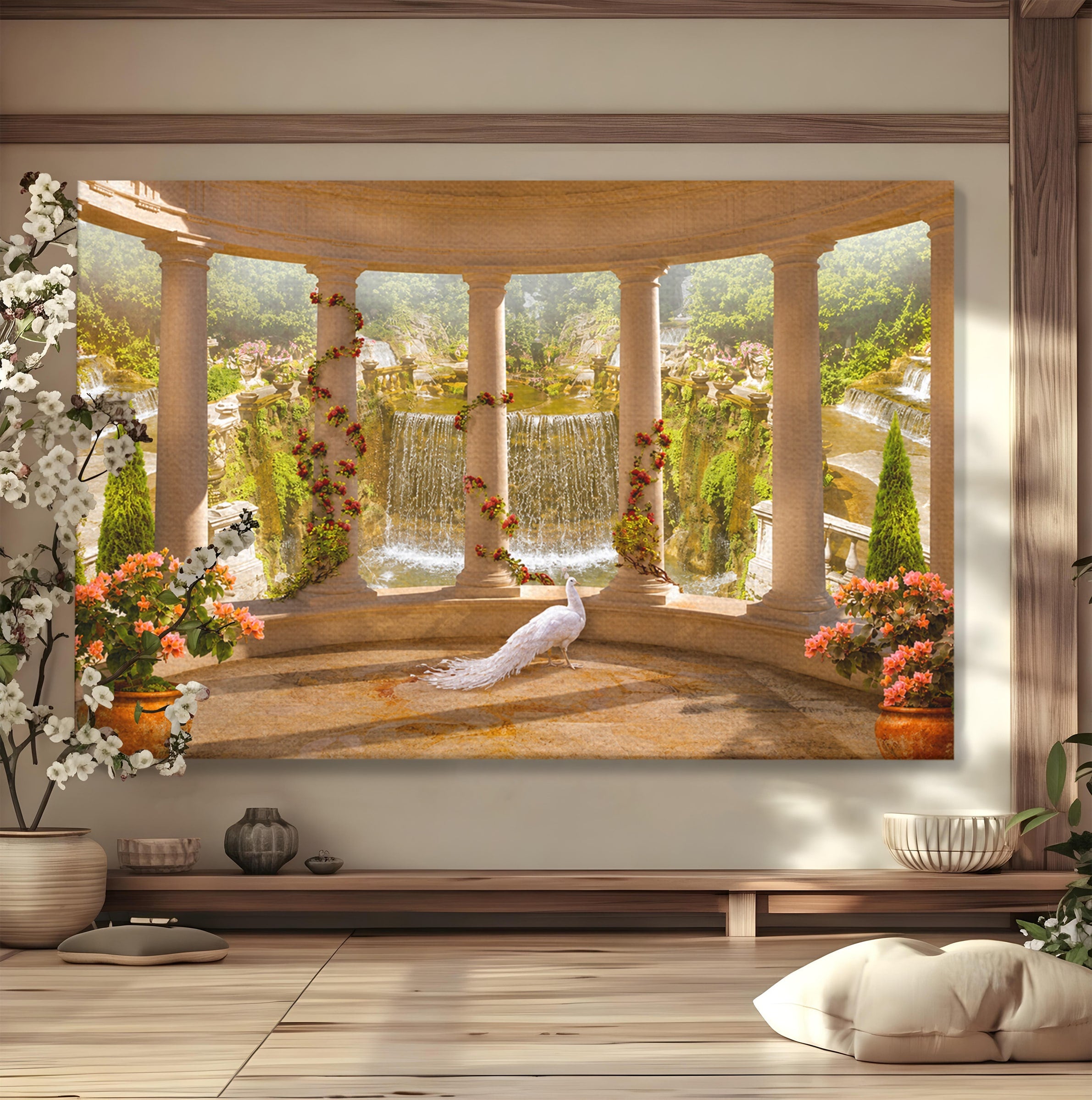 Tablou Canvas Premium LuxCanva® A1740, Pavilionul Cu Păun, Păun, Pavilion, Cascadă, Grădină, Living, Culori Vibrante
