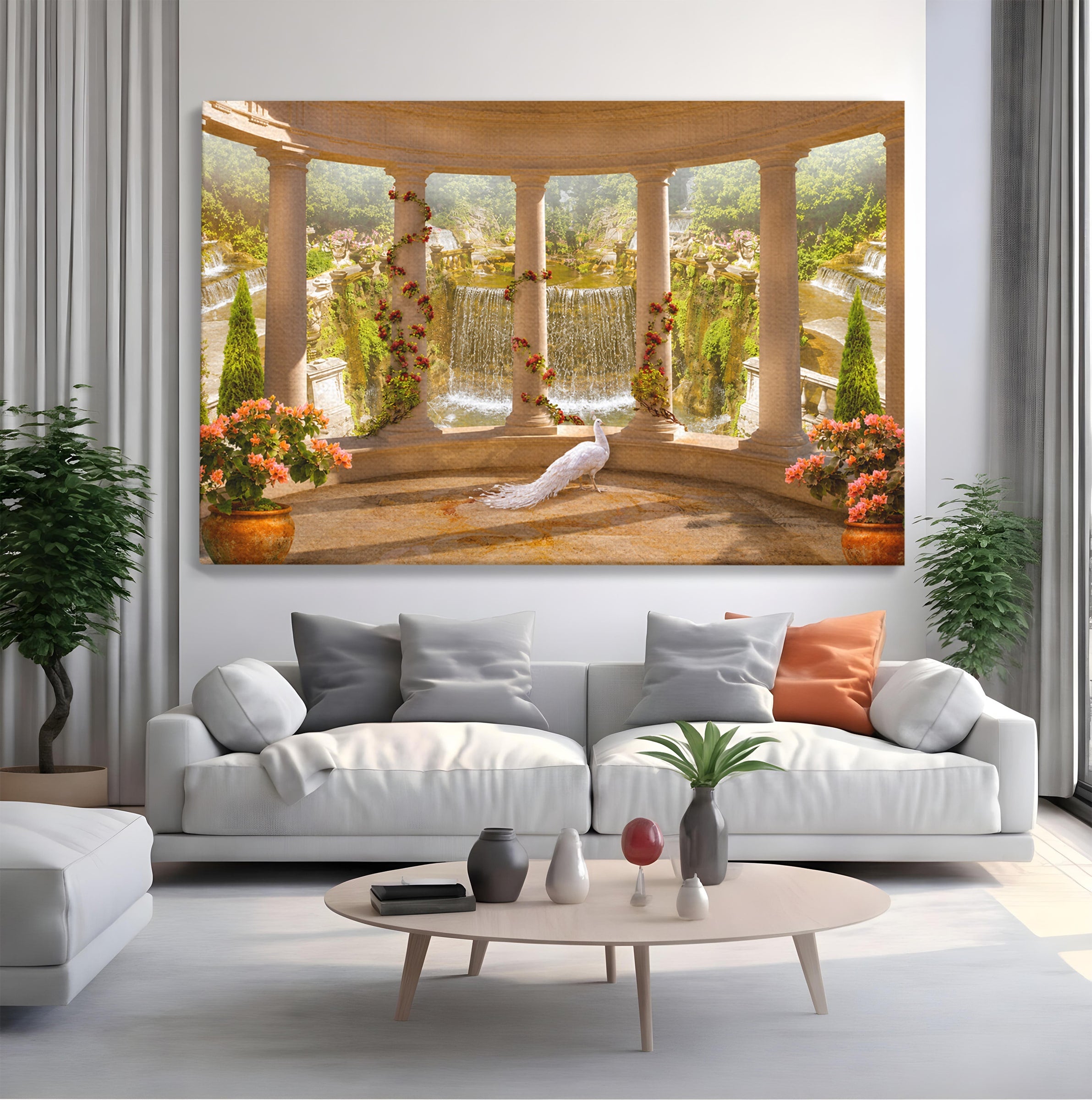 Tablou Canvas Premium LuxCanva® A1740, Pavilionul Cu Păun, Păun, Pavilion, Cascadă, Grădină, Living, Culori Vibrante