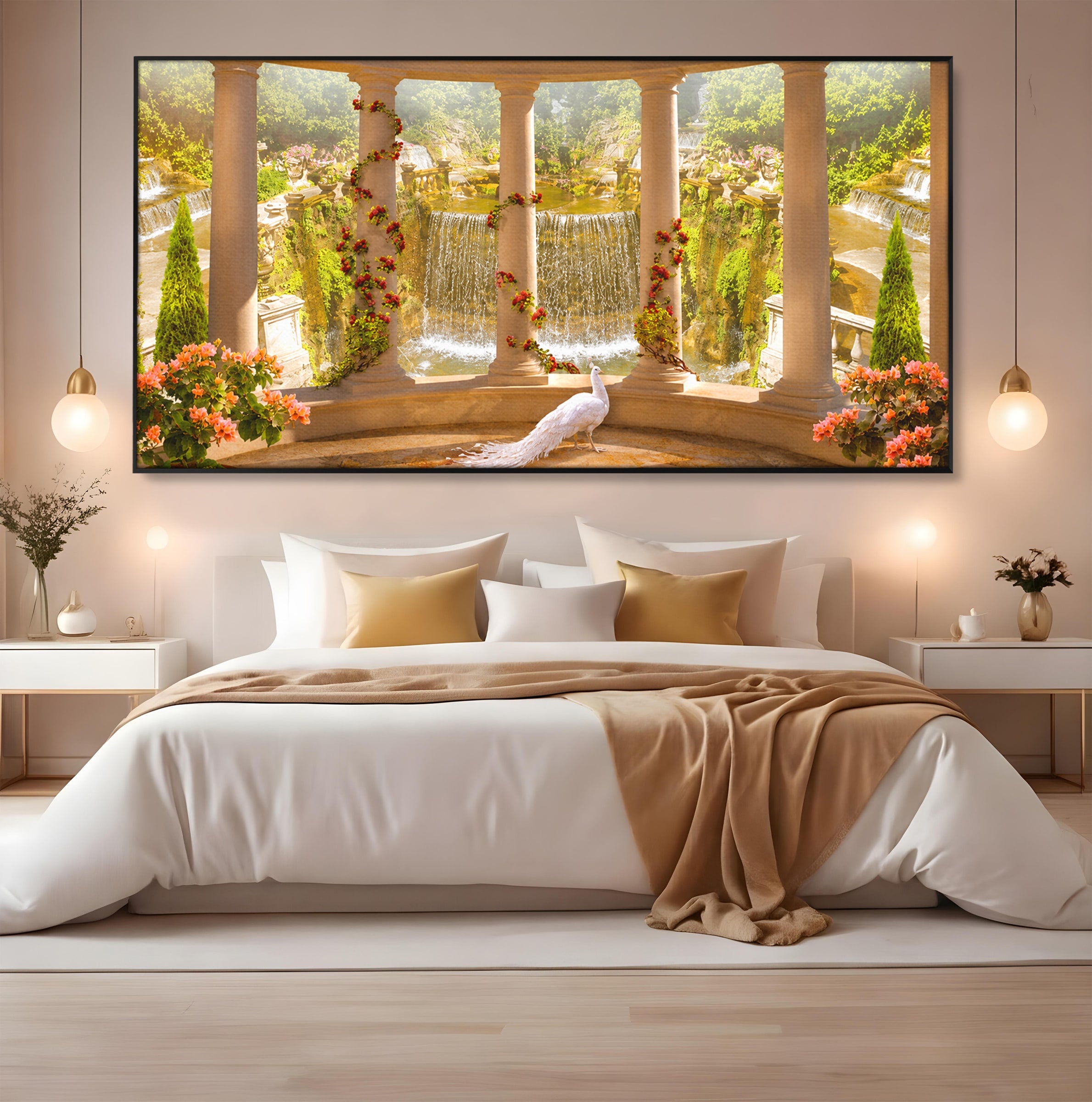Tablou Canvas Premium LuxCanva® A1740, Pavilionul Cu Păun, Păun, Pavilion, Cascadă, Grădină, Living, Culori Vibrante