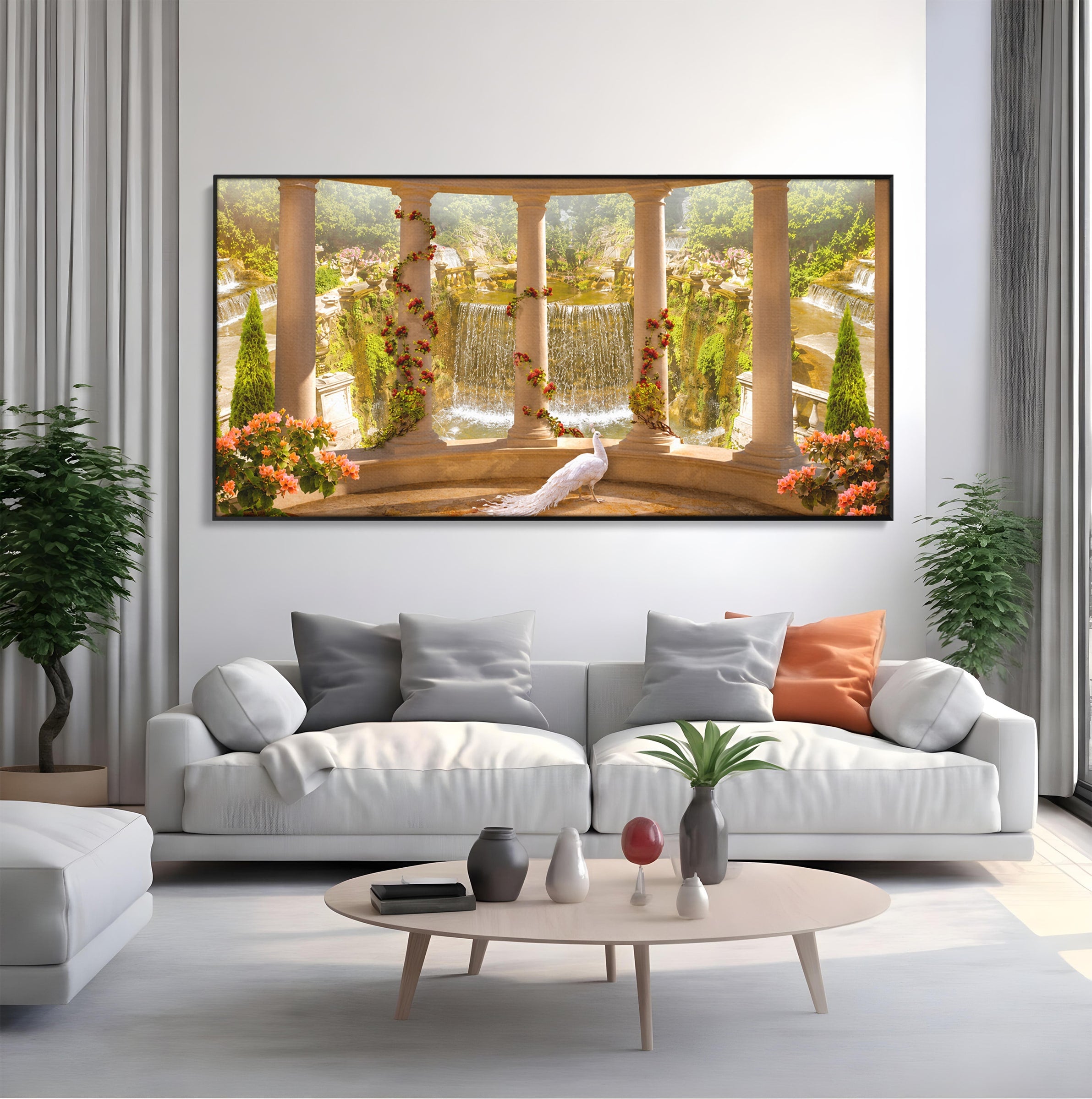 Tablou Canvas Premium LuxCanva® A1740, Pavilionul Cu Păun, Păun, Pavilion, Cascadă, Grădină, Living, Culori Vibrante