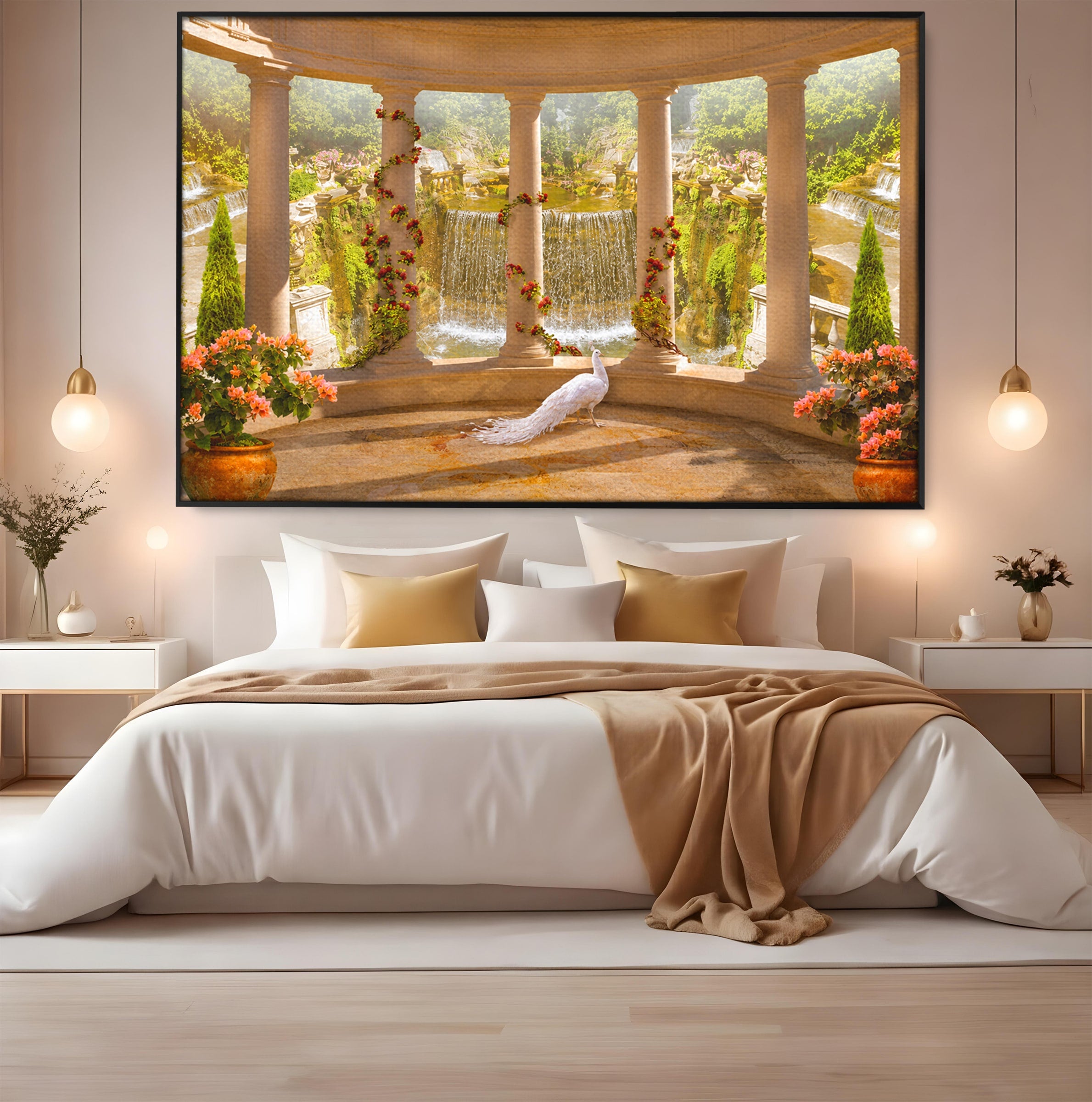 Tablou Canvas Premium LuxCanva® A1740, Pavilionul Cu Păun, Păun, Pavilion, Cascadă, Grădină, Living, Culori Vibrante