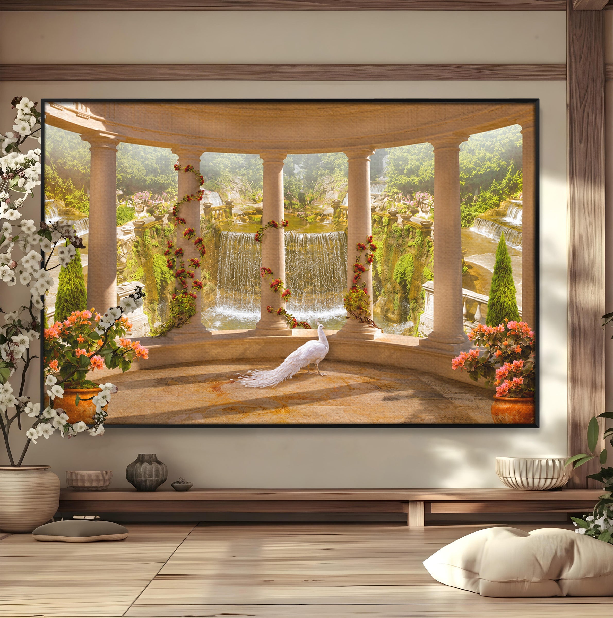 Tablou Canvas Premium LuxCanva® A1740, Pavilionul Cu Păun, Păun, Pavilion, Cascadă, Grădină, Living, Culori Vibrante