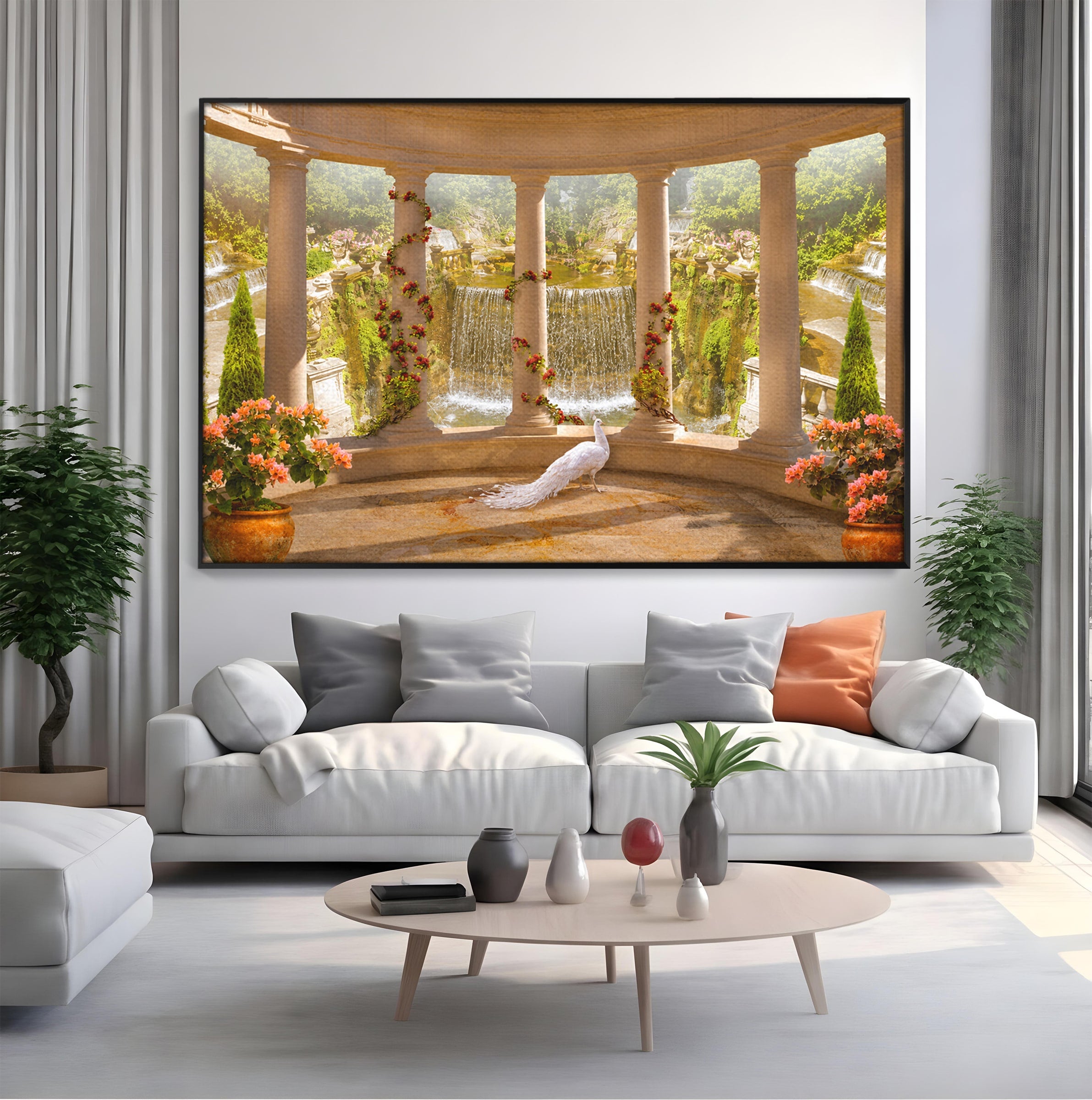 Tablou Canvas Premium LuxCanva® A1740, Pavilionul Cu Păun, Păun, Pavilion, Cascadă, Grădină, Living, Culori Vibrante
