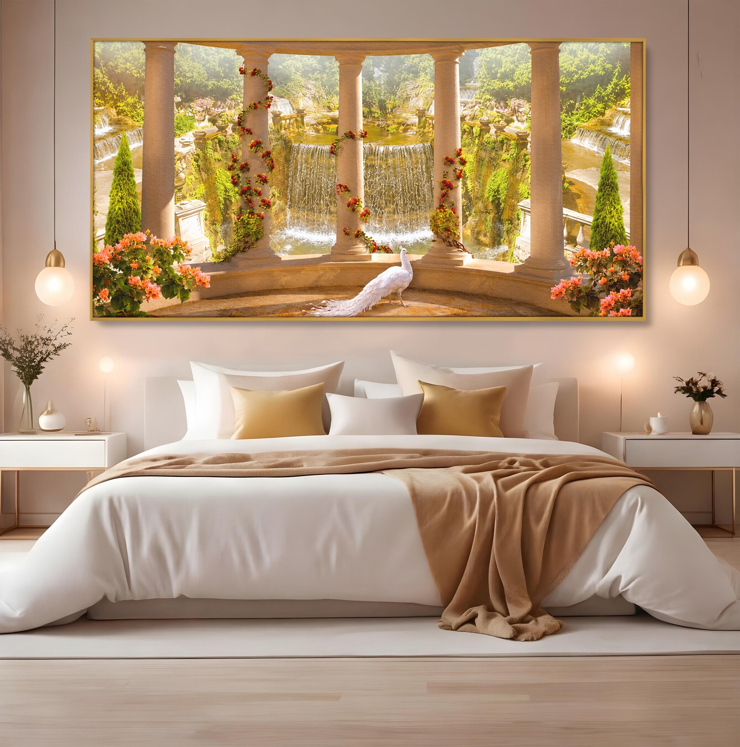 Tablou Canvas Premium LuxCanva® A1740, Pavilionul Cu Păun, Păun, Pavilion, Cascadă, Grădină, Living, Culori Vibrante