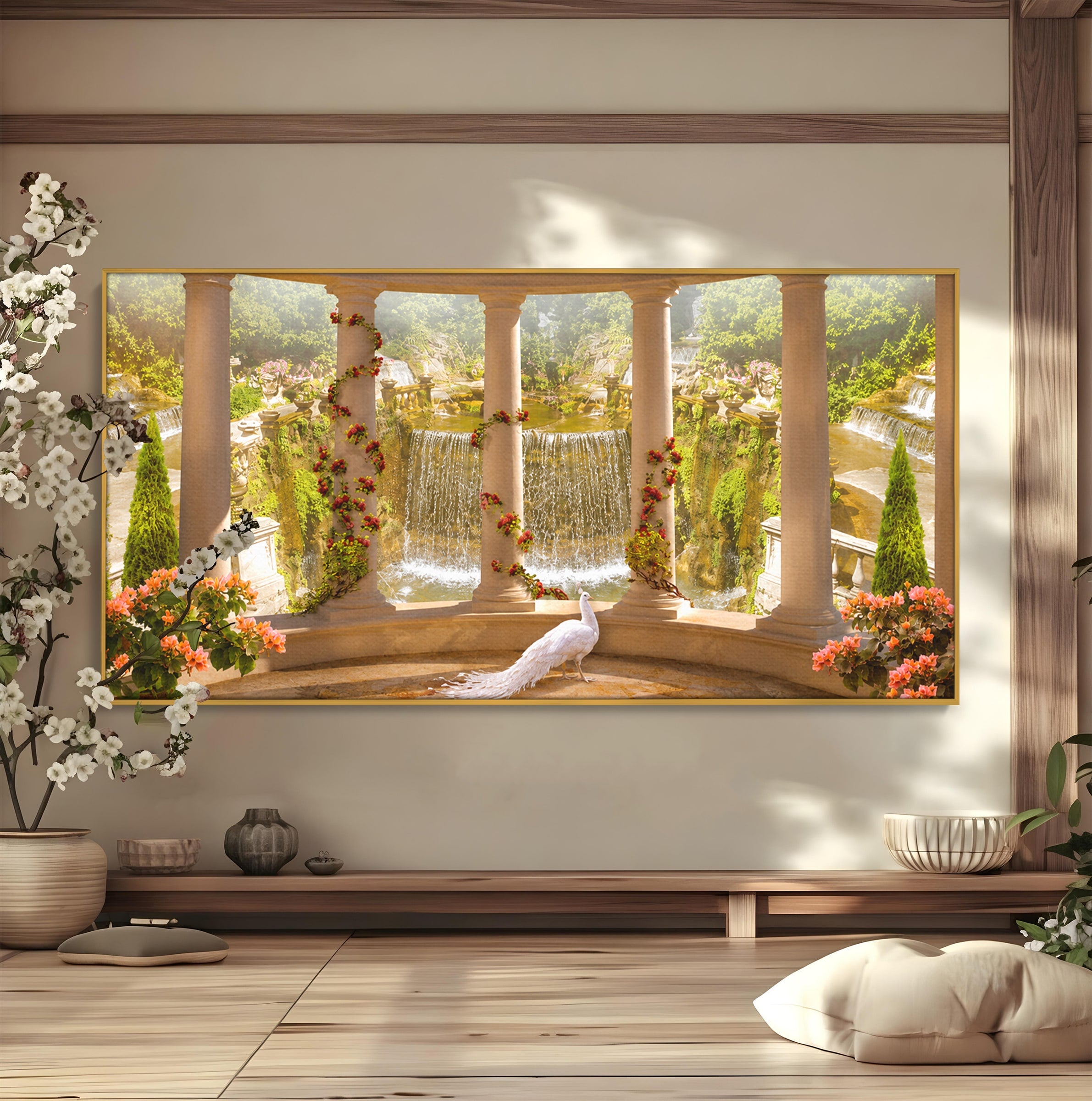 Tablou Canvas Premium LuxCanva® A1740, Pavilionul Cu Păun, Păun, Pavilion, Cascadă, Grădină, Living, Culori Vibrante