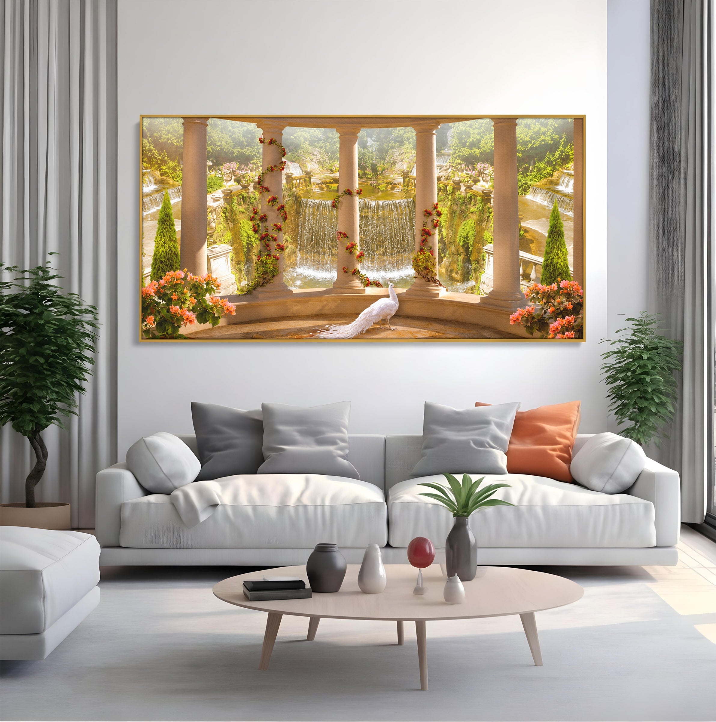 Tablou Canvas Premium LuxCanva® A1740, Pavilionul Cu Păun, Păun, Pavilion, Cascadă, Grădină, Living, Culori Vibrante