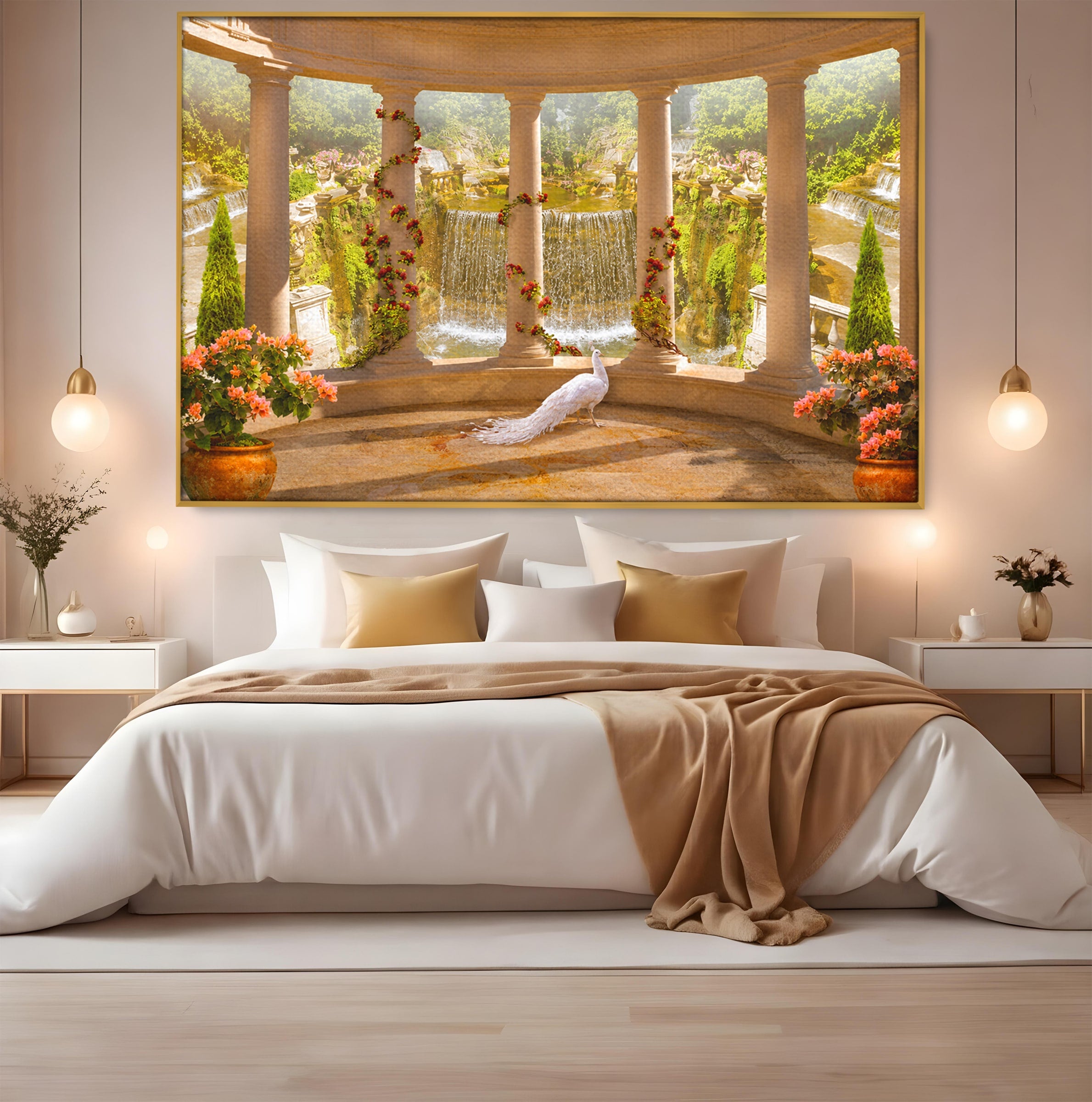 Tablou Canvas Premium LuxCanva® A1740, Pavilionul Cu Păun, Păun, Pavilion, Cascadă, Grădină, Living, Culori Vibrante