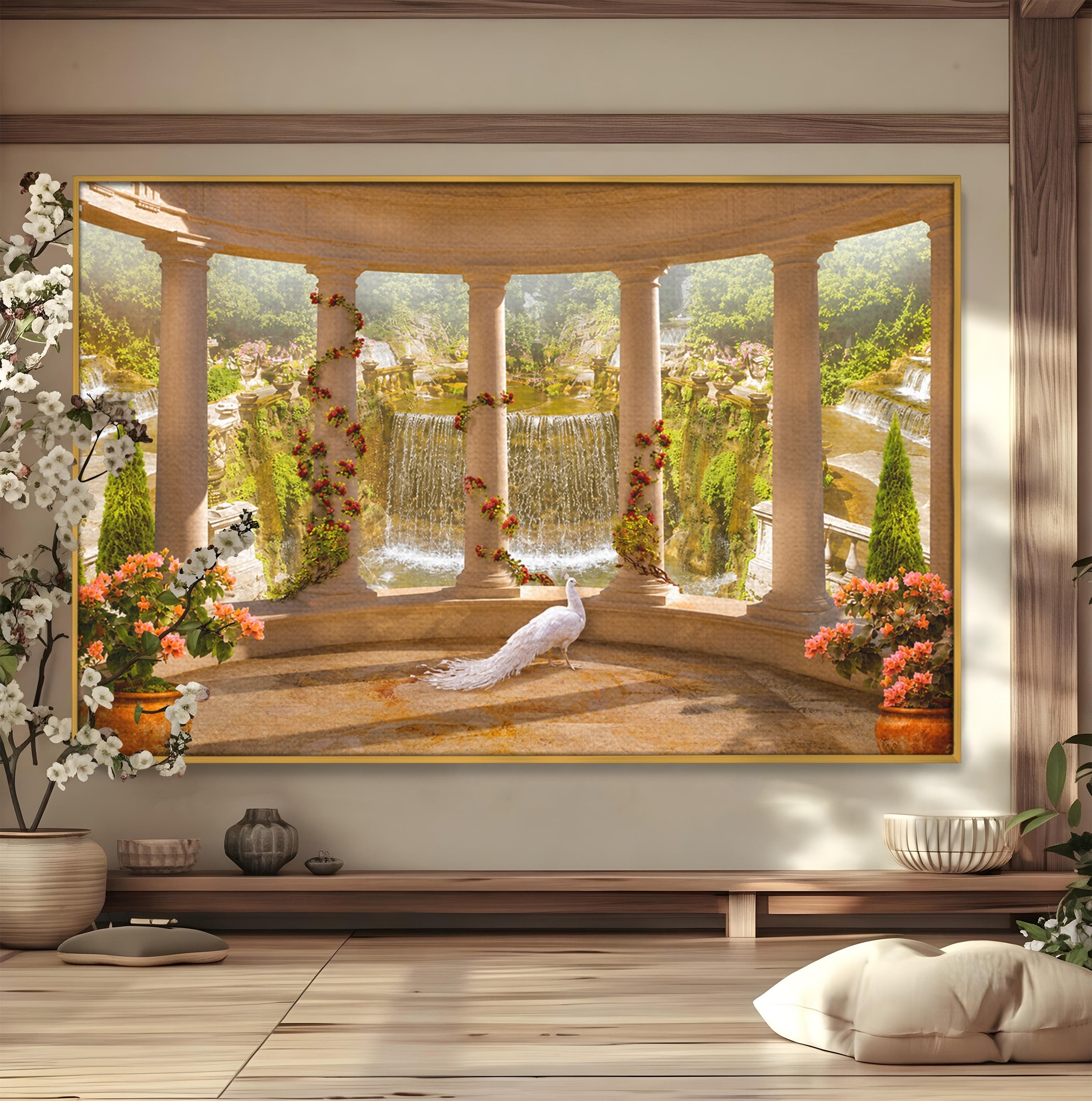 Tablou Canvas Premium LuxCanva® A1740, Pavilionul Cu Păun, Păun, Pavilion, Cascadă, Grădină, Living, Culori Vibrante