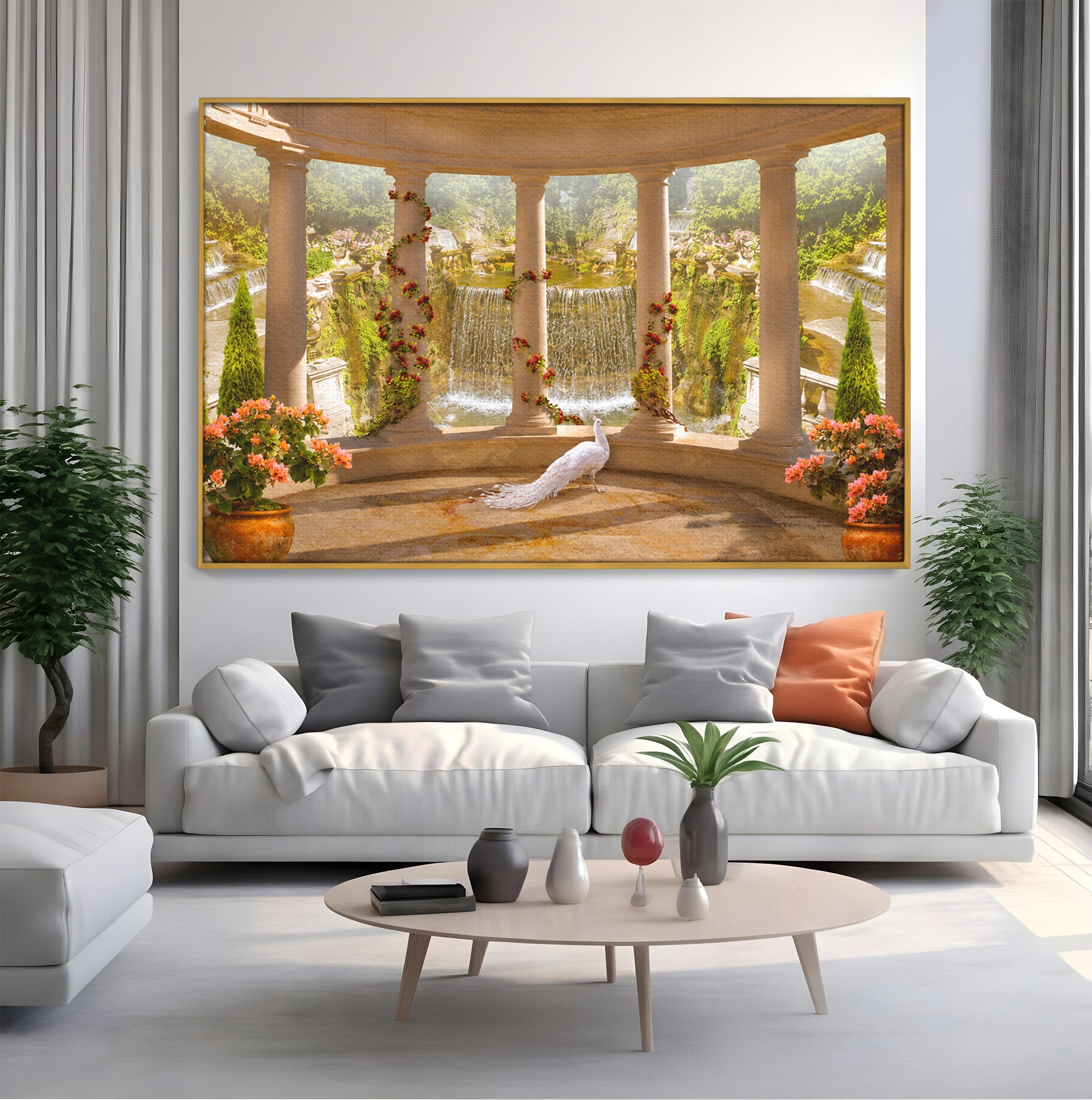 Tablou Canvas Premium LuxCanva® A1740, Pavilionul Cu Păun, Păun, Pavilion, Cascadă, Grădină, Living, Culori Vibrante
