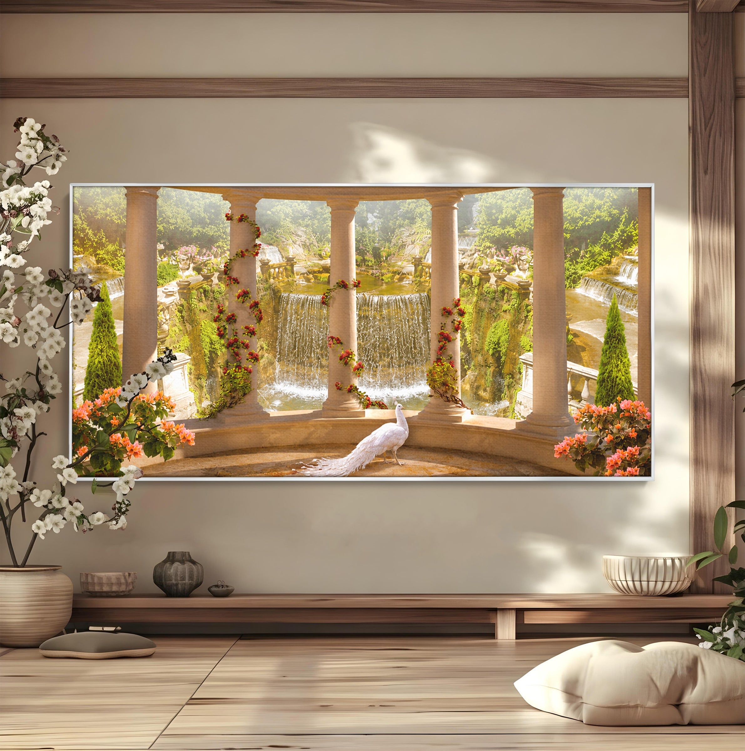 Tablou Canvas Premium LuxCanva® A1740, Pavilionul Cu Păun, Păun, Pavilion, Cascadă, Grădină, Living, Culori Vibrante