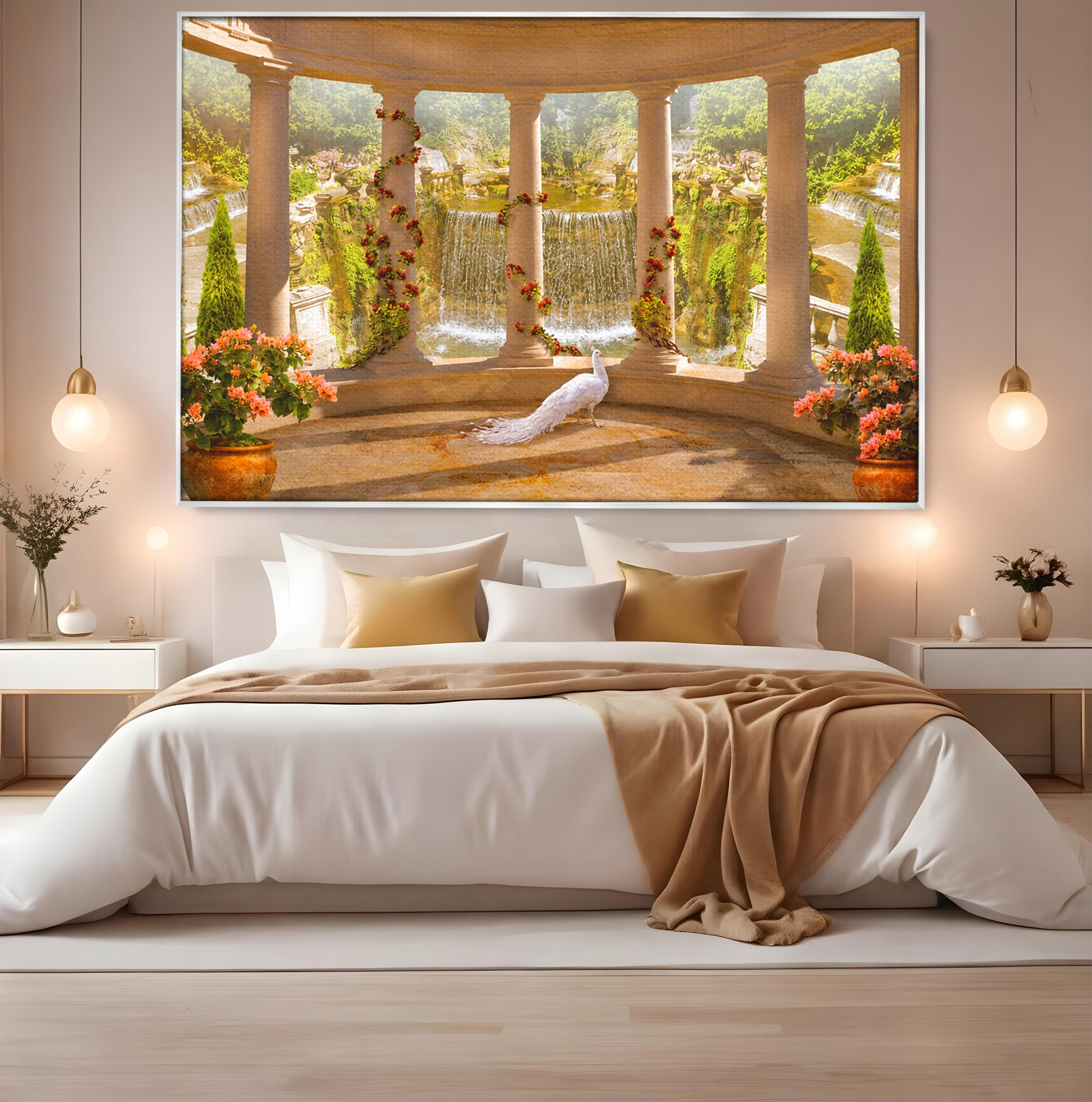 Tablou Canvas Premium LuxCanva® A1740, Pavilionul Cu Păun, Păun, Pavilion, Cascadă, Grădină, Living, Culori Vibrante
